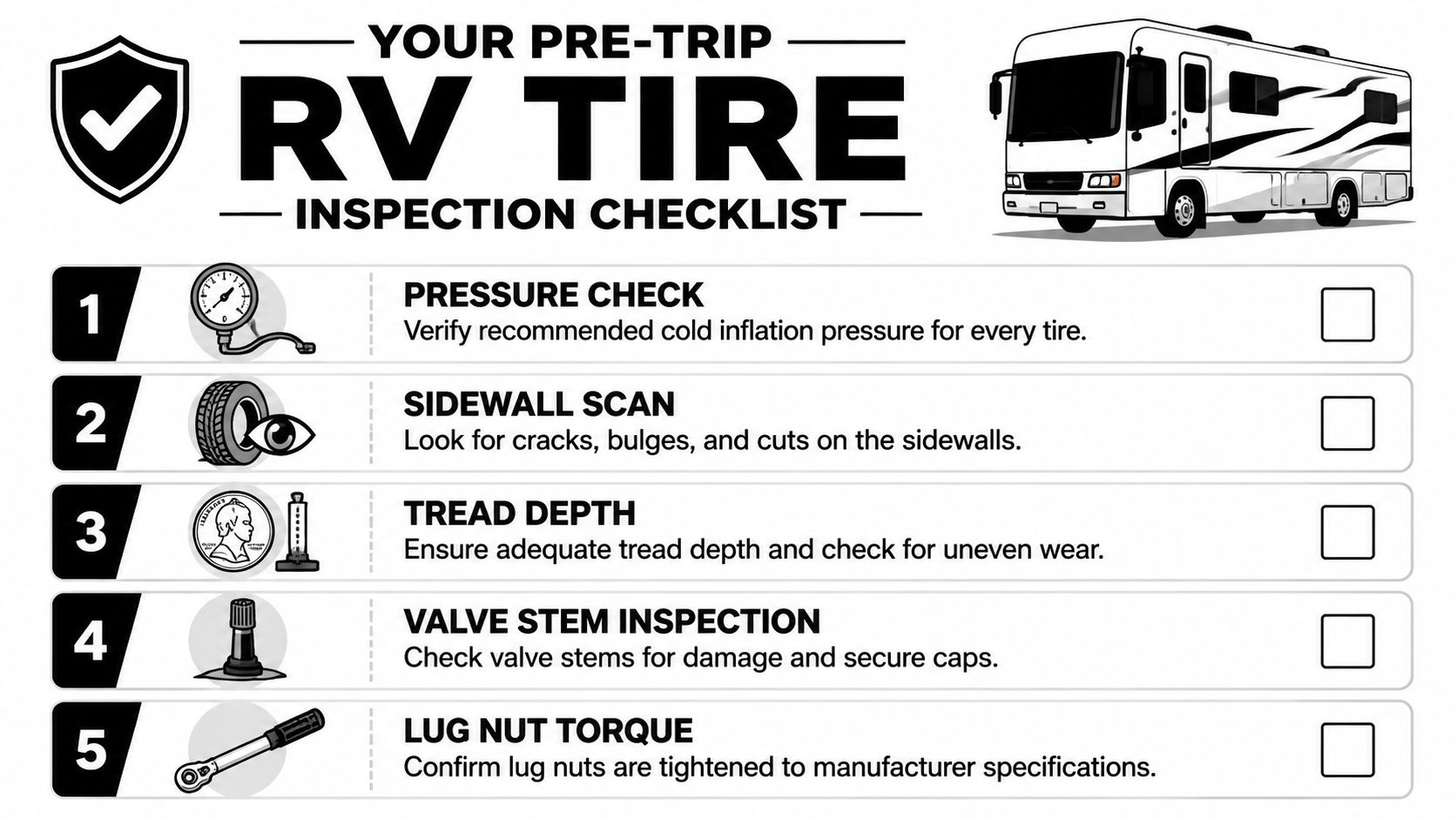 An infographic checklist for RV tire safety, including steps for checking pressure, tread, and lug nut torque.
