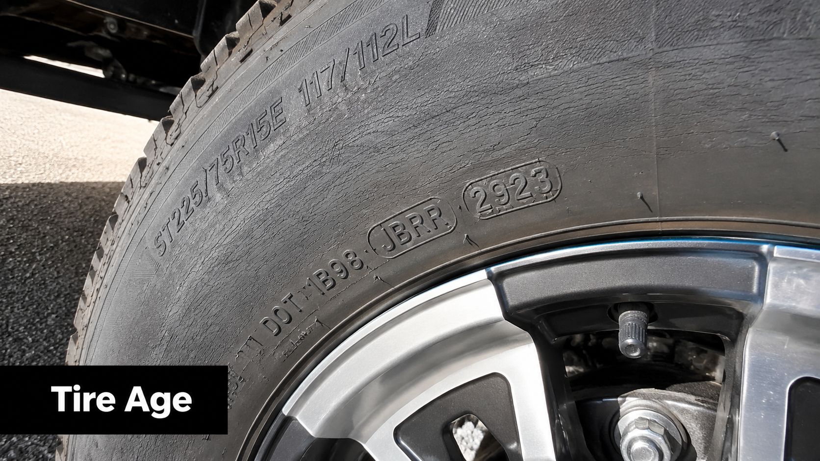 A close-up view of the sidewall of an RV tire showing the DOT code and production date.