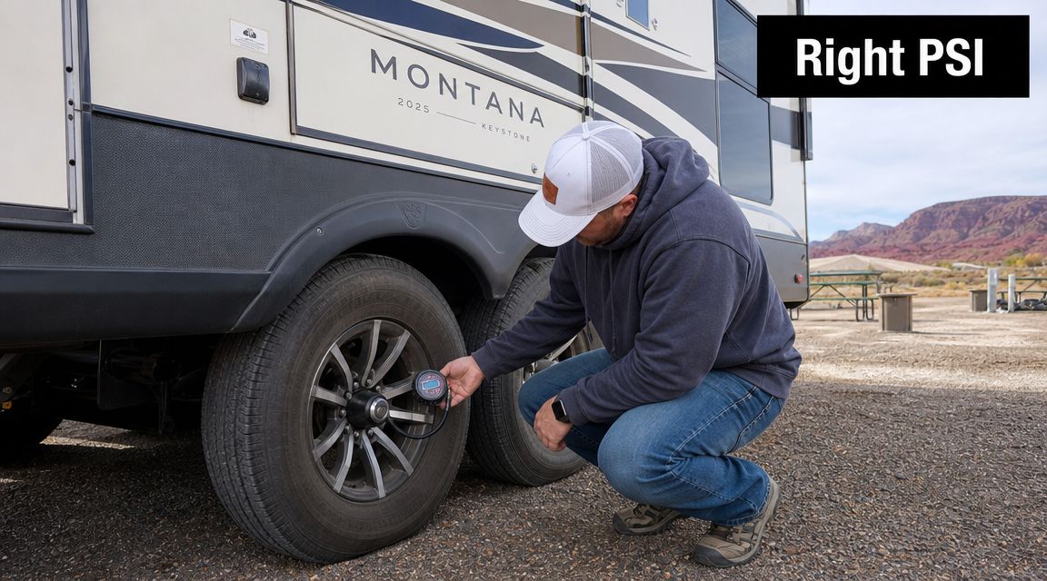 A man in a baseball cap checking the tire pressure of a Keystone Montana RV at a campsite.