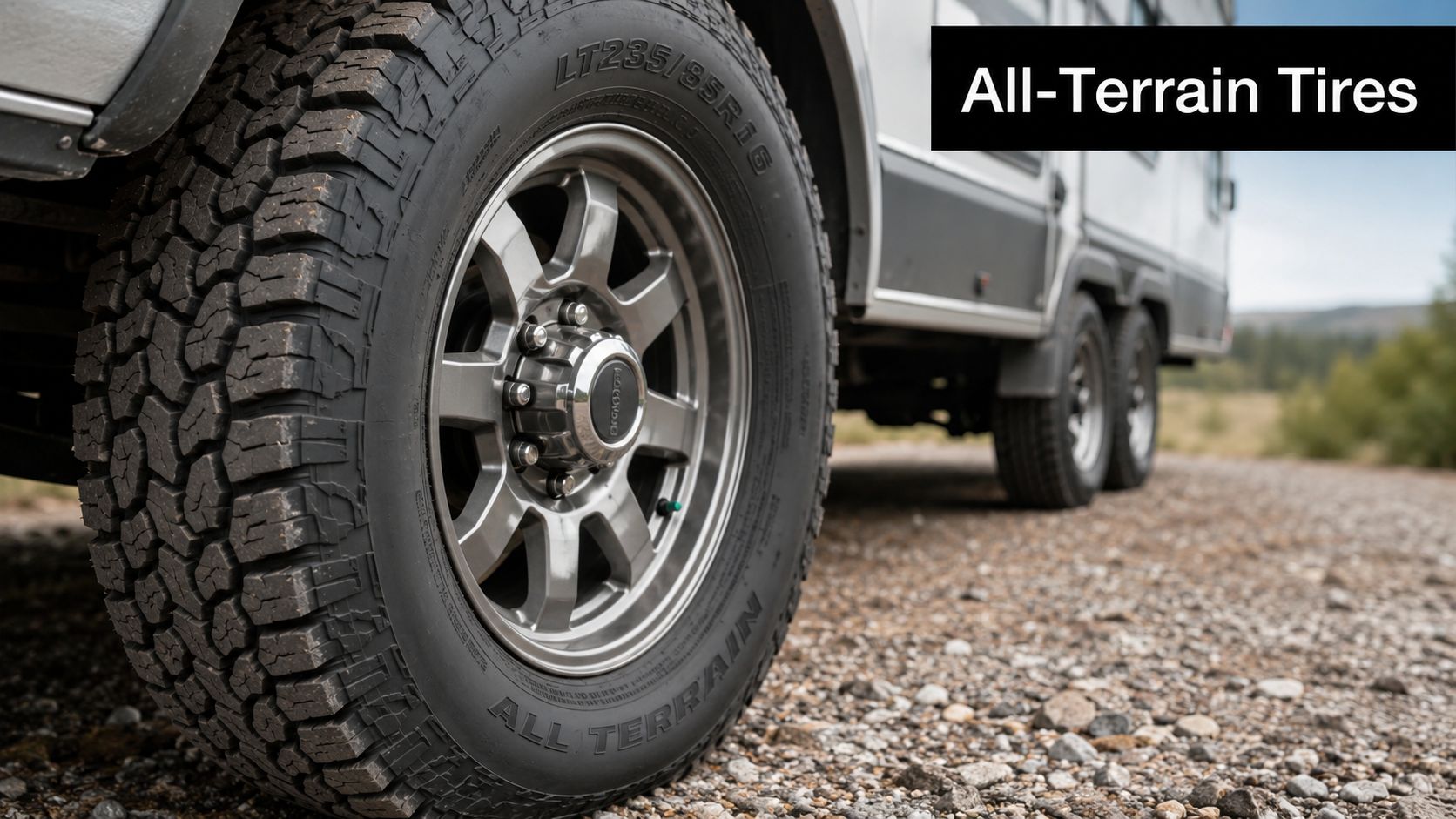 A close-up view of a rugged all-terrain tire mounted on a travel trailer wheel.
