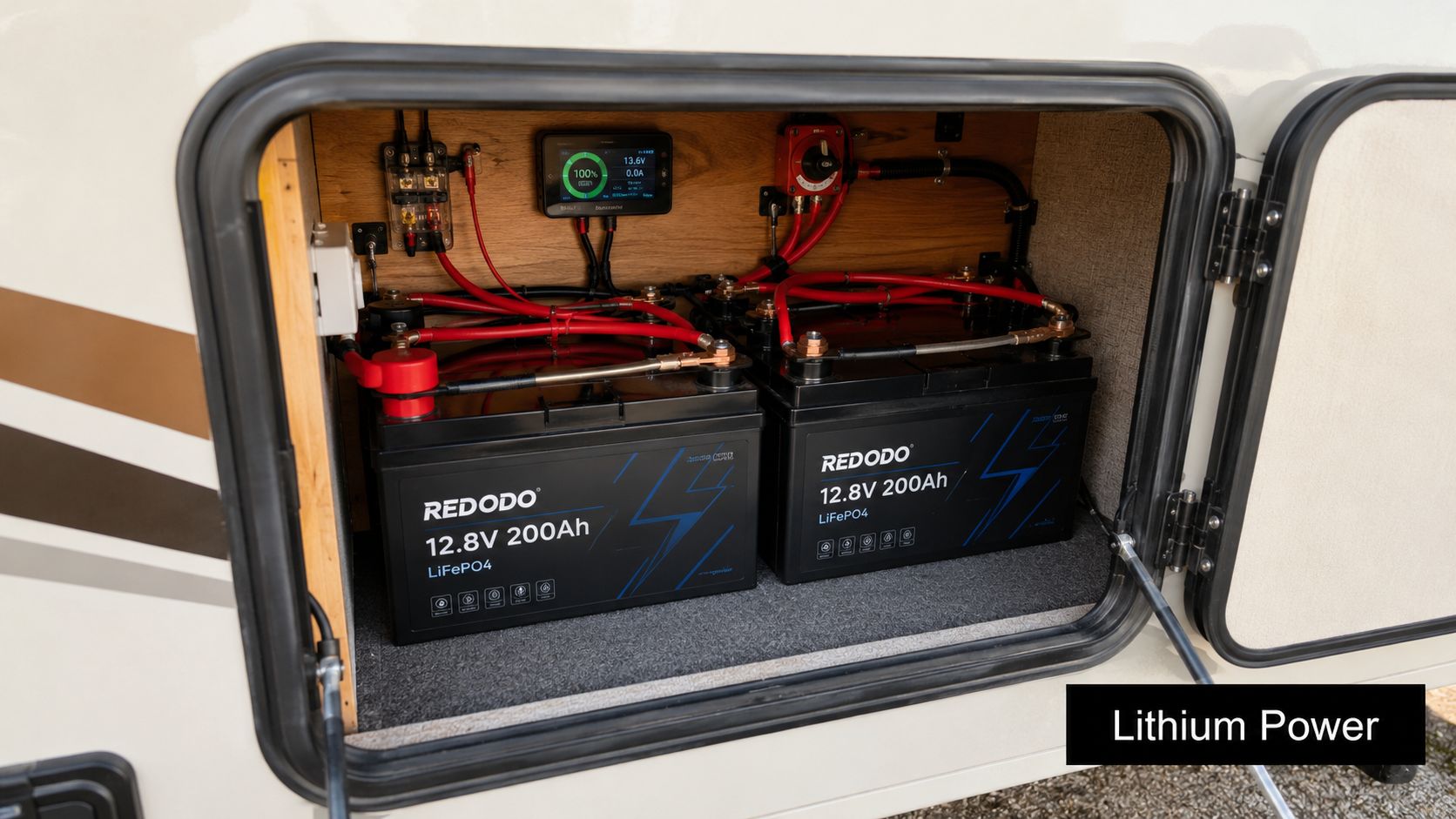 A professional installation of two Redodo 12.8V 200Ah LiFePO4 batteries inside an RV storage compartment.