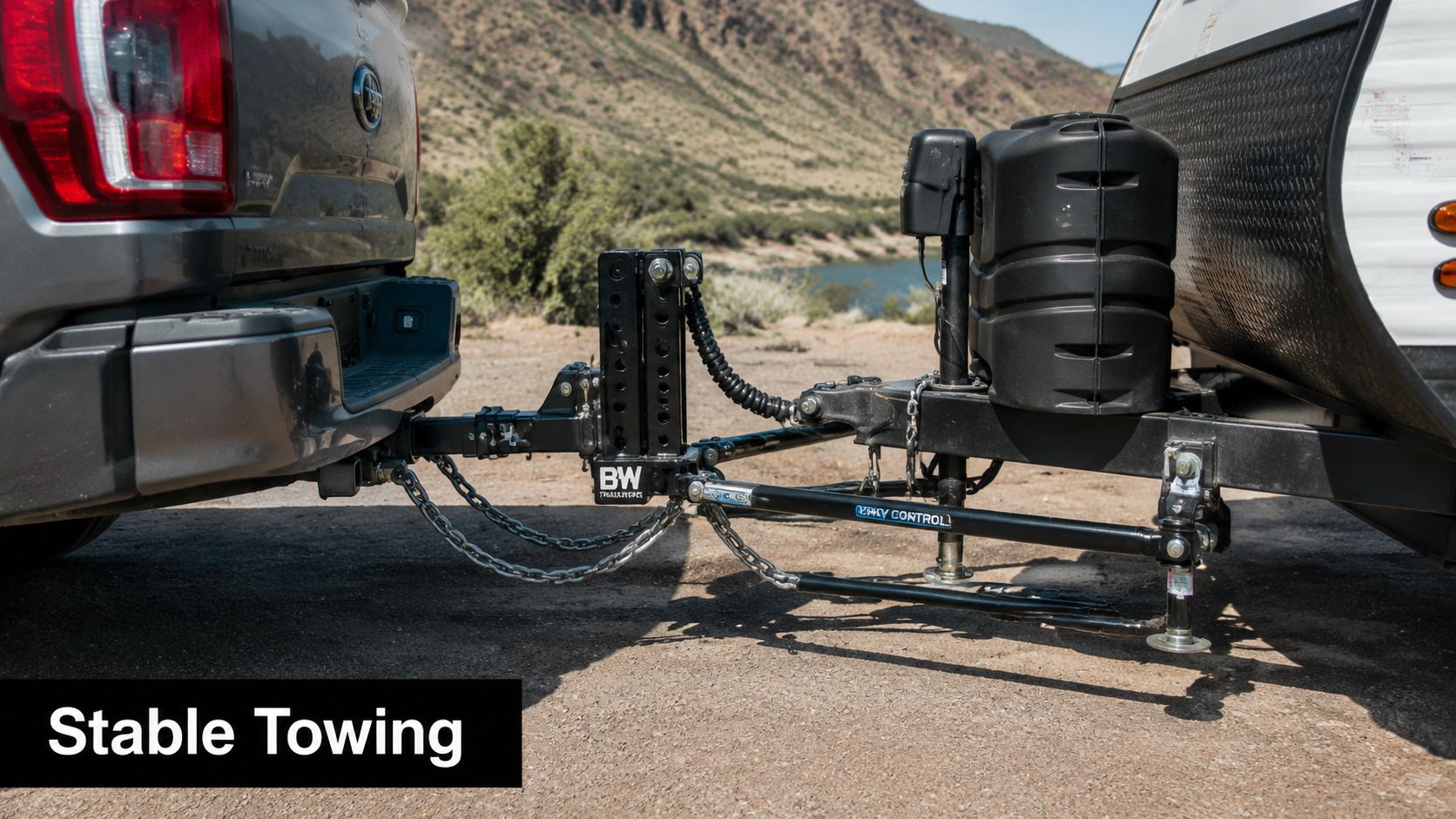 A B&W Trailer Hitches sway control system installed on a pickup truck towing a travel trailer.
