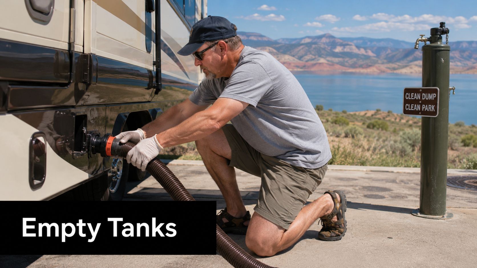 A man wearing gloves attaches a sewer hose to his recreational vehicle at a scenic dump station.