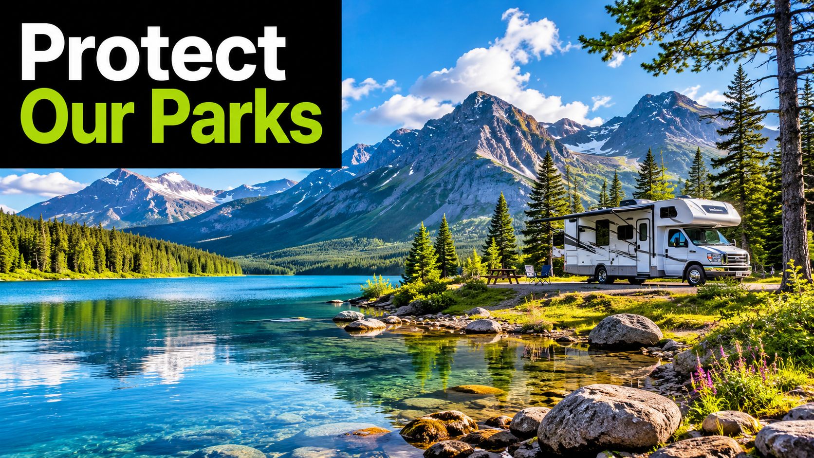 A scenic view of a lake and mountains in a park with a modern RV parked nearby.