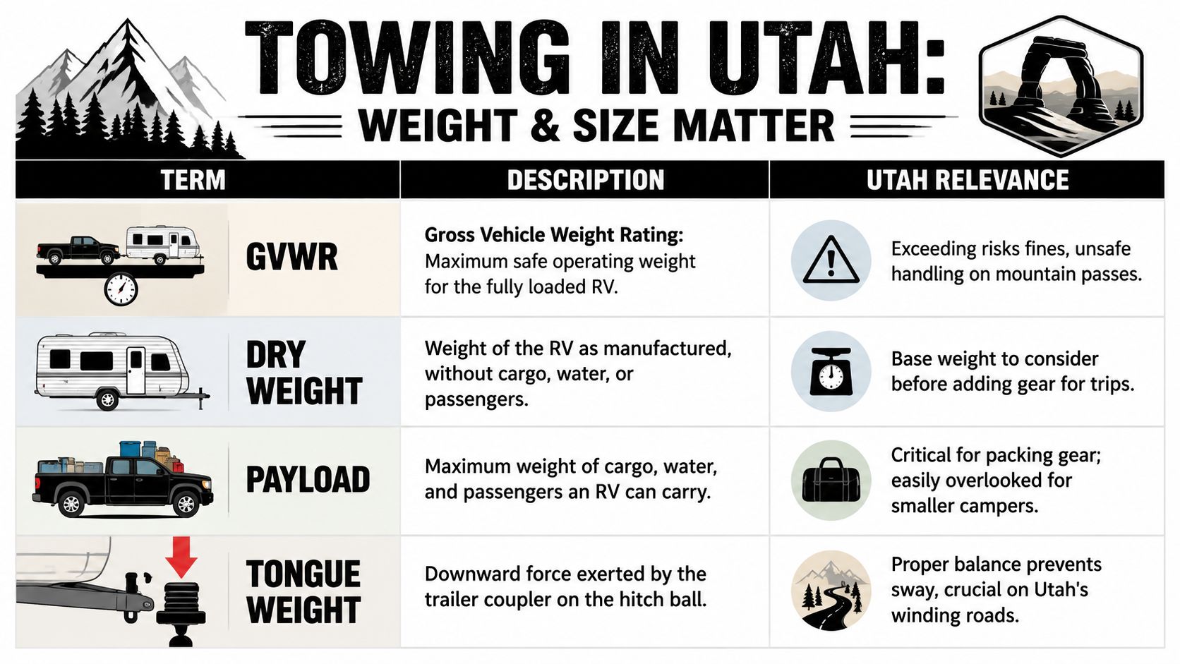 An infographic explaining towing terminology for RVs, including GVWR, dry weight, payload, and tongue weight.