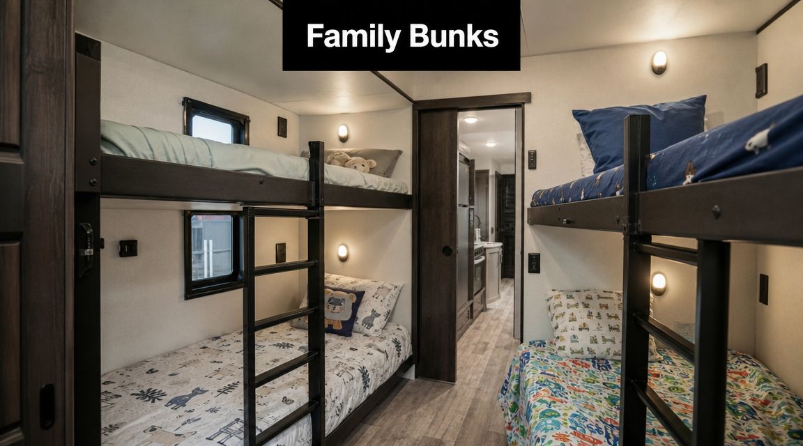 A modern recreational vehicle bunk room featuring two sets of bunk beds with colorful children's bedding.