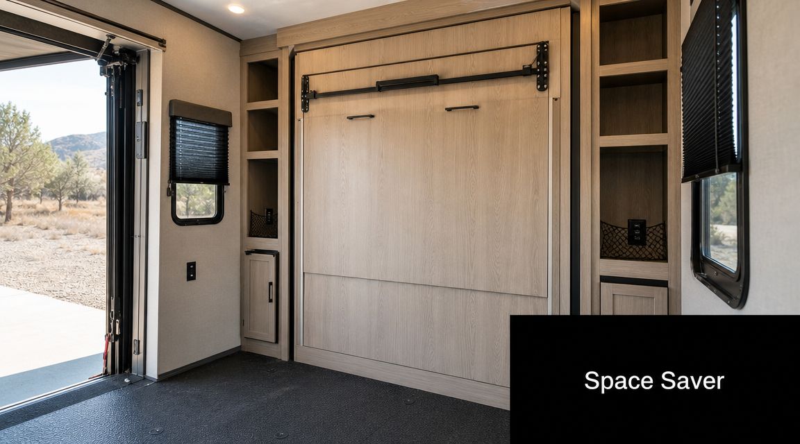A modern toy hauler interior featuring a space-saving Murphy bed folded up against the light wood wall.