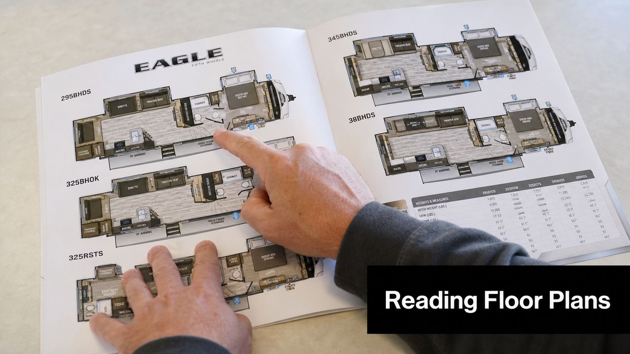 A person pointing at a brochure displaying various Eagle fifth wheel travel trailer floor plans.