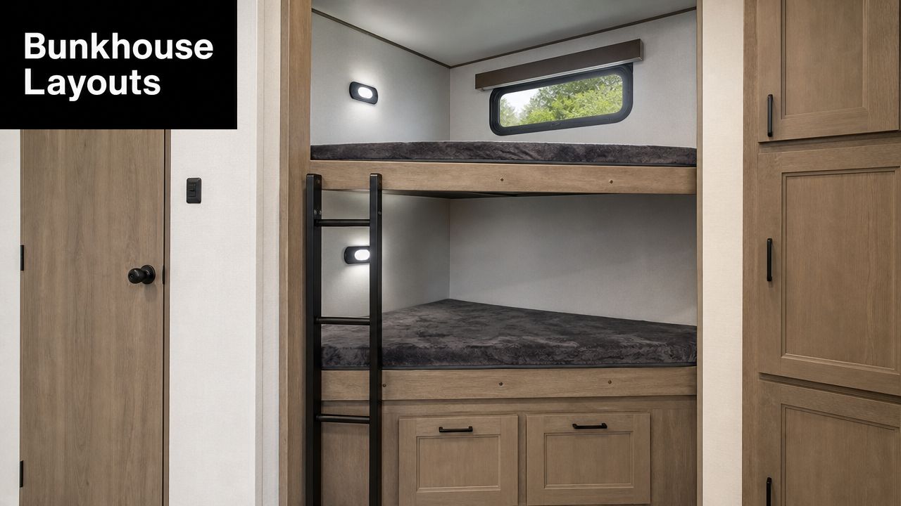 A bunk bed area inside a travel trailer featuring two stacked beds with a wooden ladder.