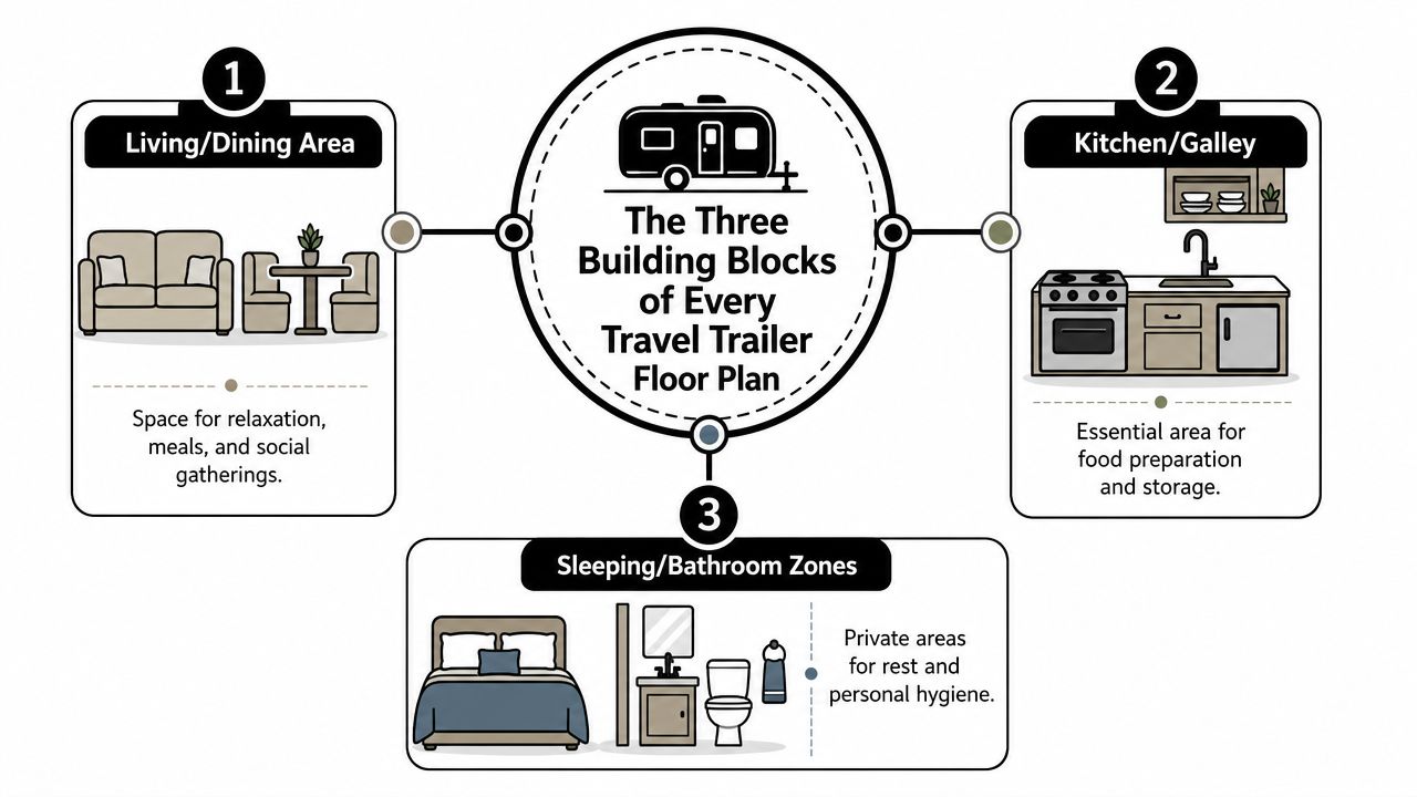 An infographic showing the three essential building blocks of a travel trailer floor plan.