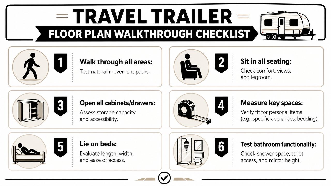 A Travel Trailer Floor Plan Walkthrough Checklist featuring six numbered steps for inspecting a new recreational vehicle.