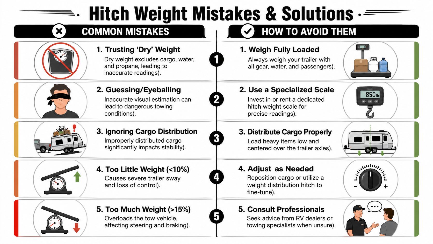 An infographic detailing five common hitch weight mistakes and their corresponding solutions for safe trailer towing.
