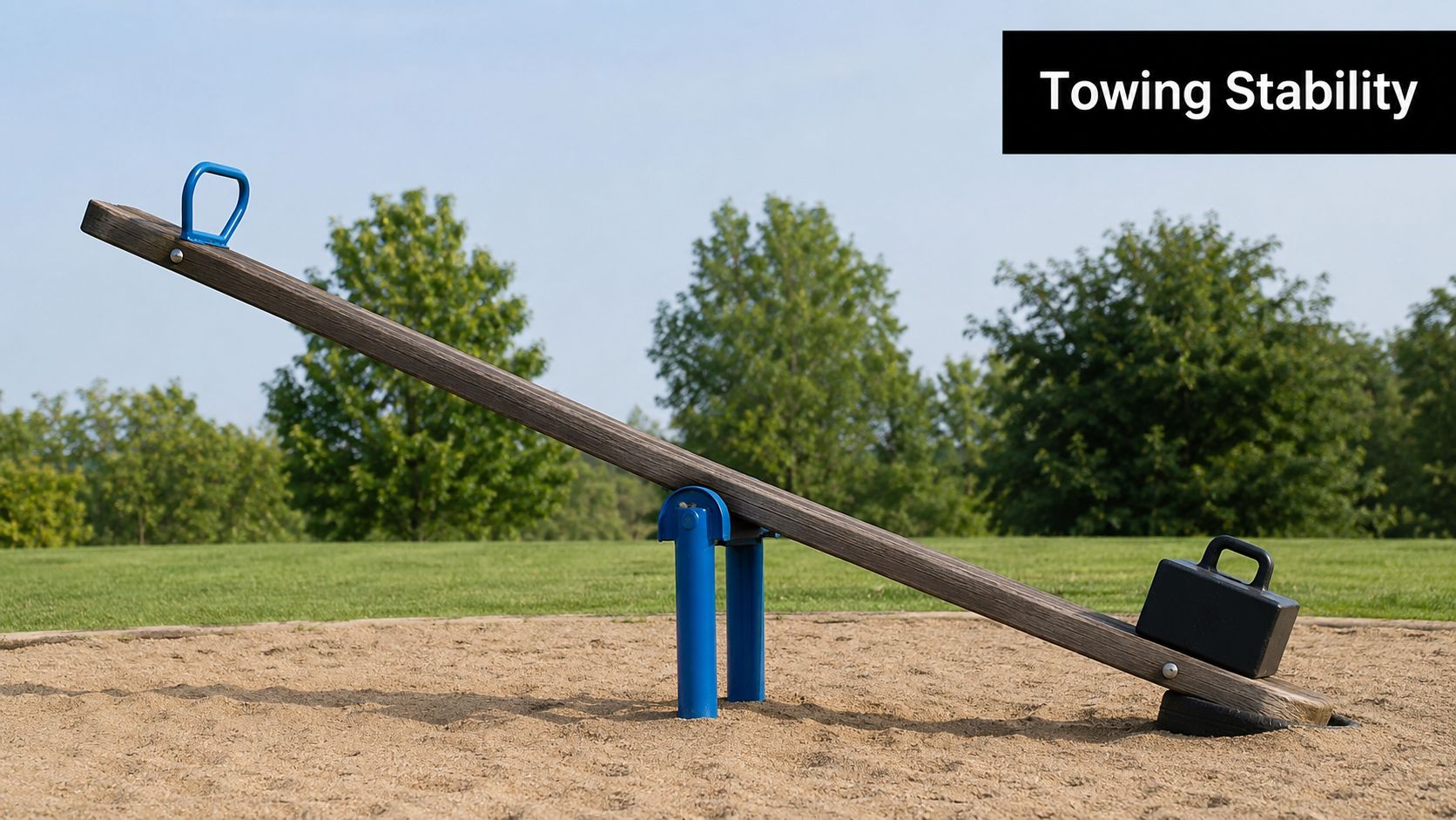 A seesaw with a heavy weight on one end illustrating the concept of towing stability.