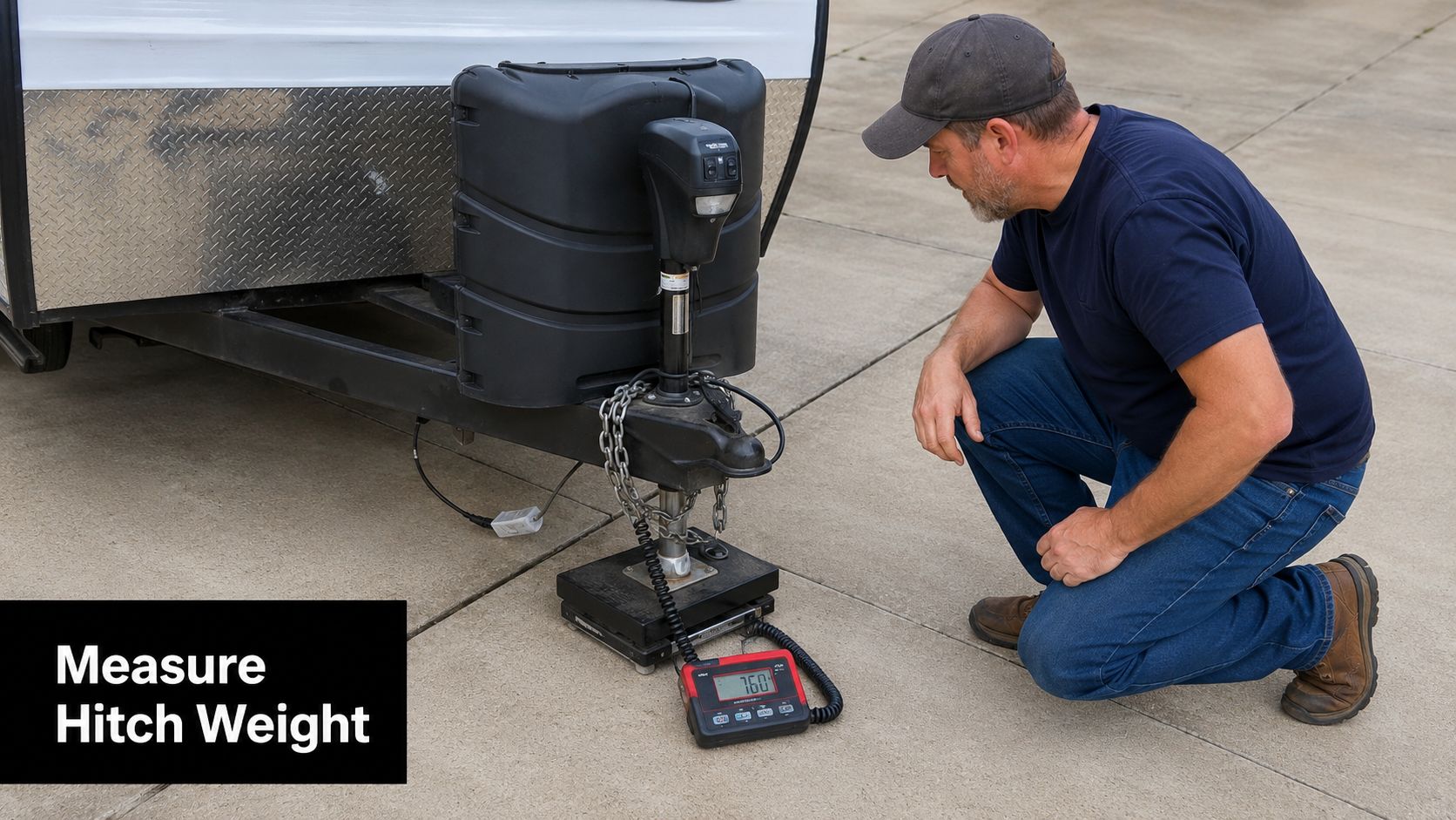 A man in a baseball cap kneels to check the hitch weight of a travel trailer on a digital scale.