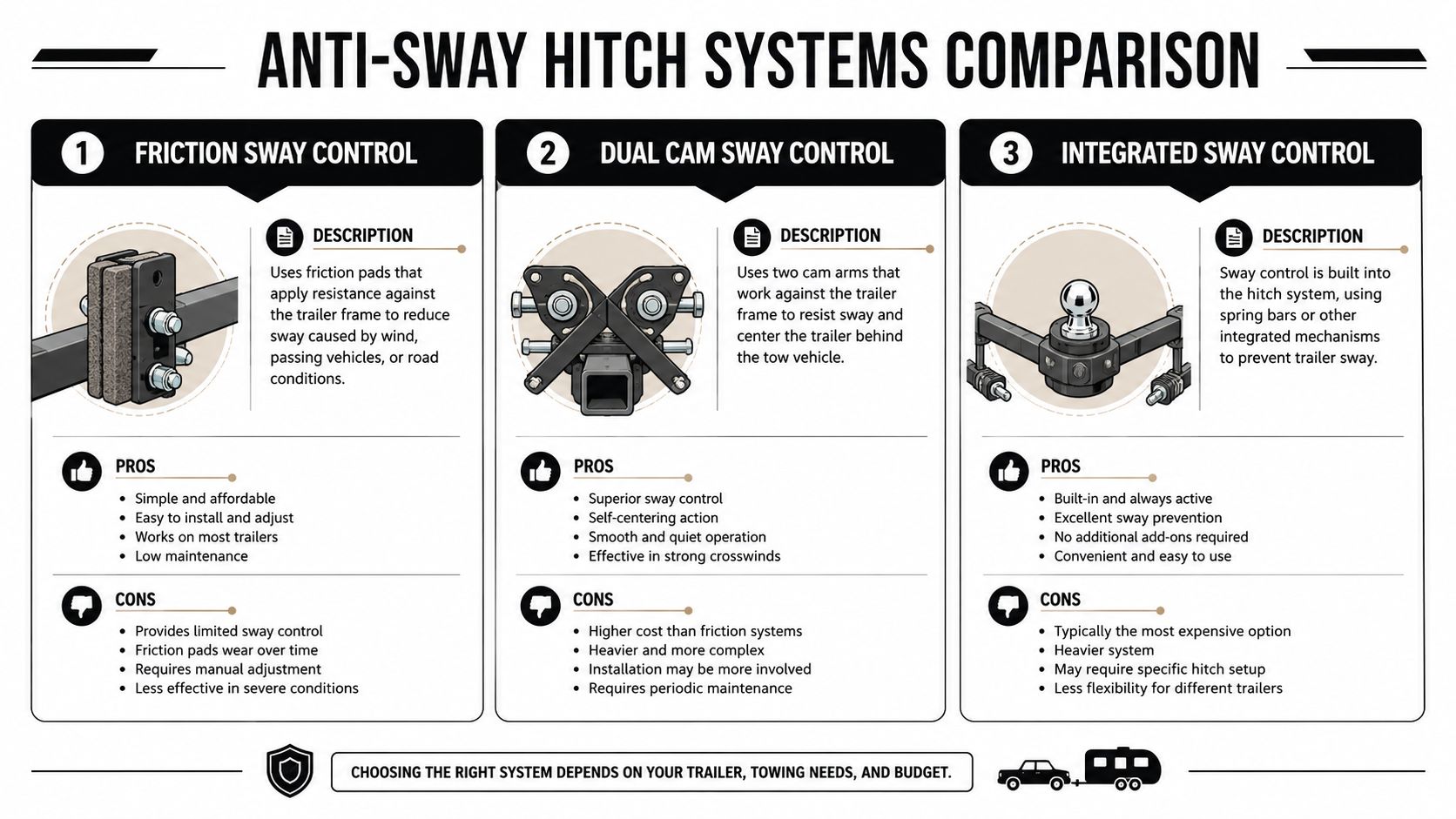 A comparison chart outlining the pros and cons of three common anti-sway trailer hitch systems.