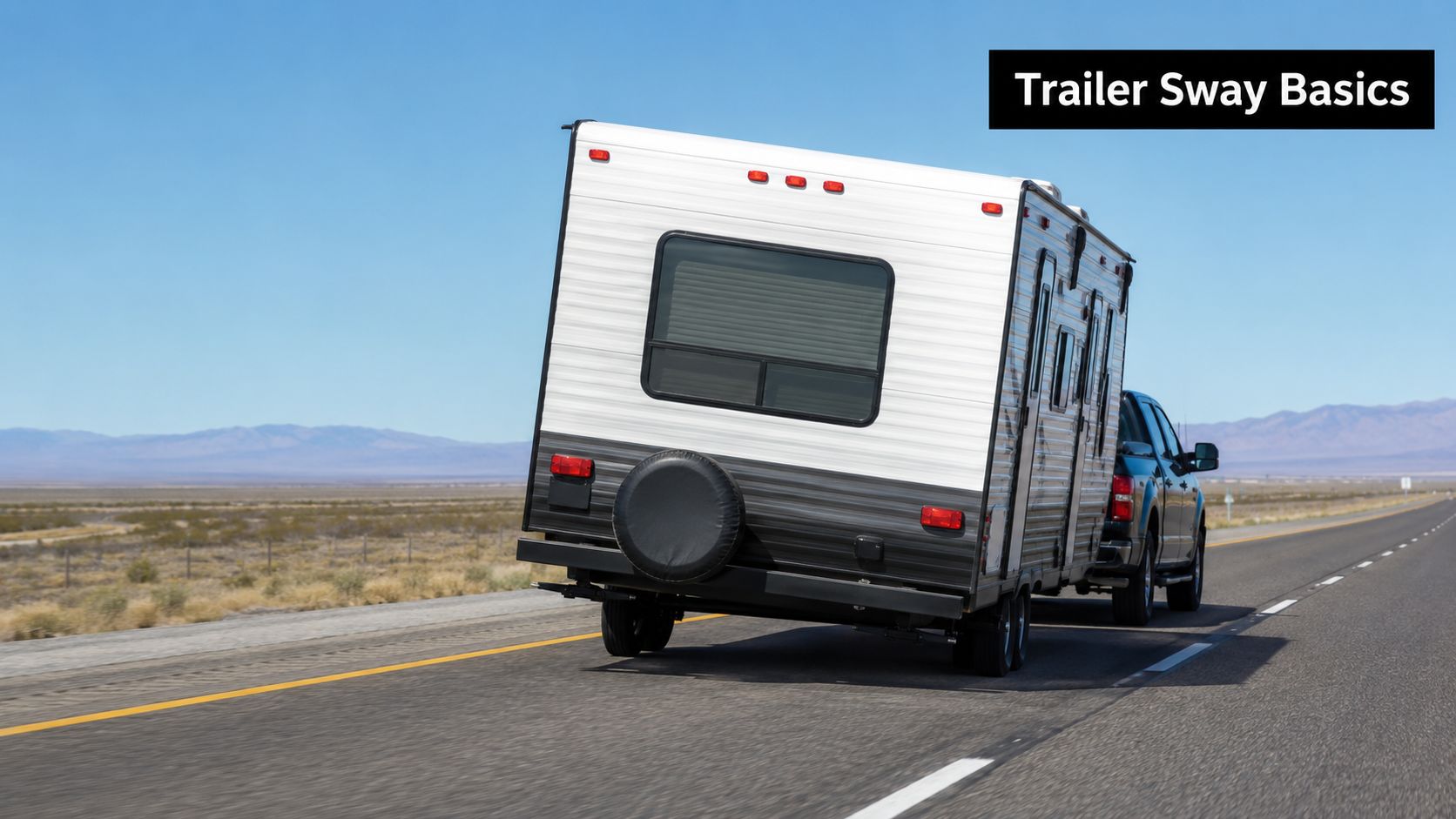 A travel trailer experiencing sway while being towed by a pickup truck on a desert highway.