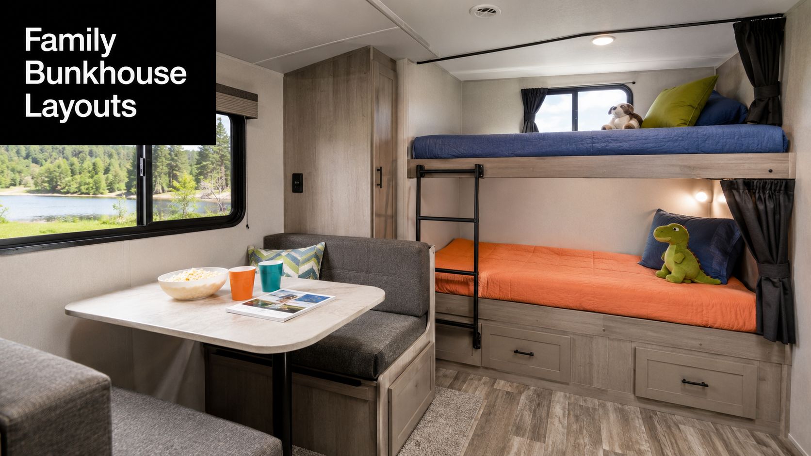 A cozy bunkhouse area inside a travel trailer featuring a dinette table and bunk beds for children.