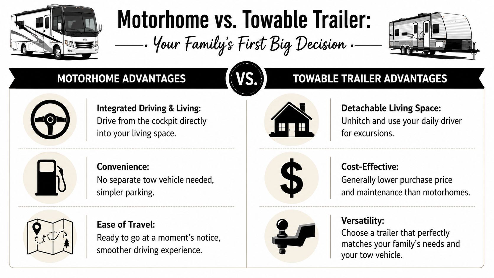 A comparison infographic detailing the advantages of choosing between a motorhome and a towable travel trailer.