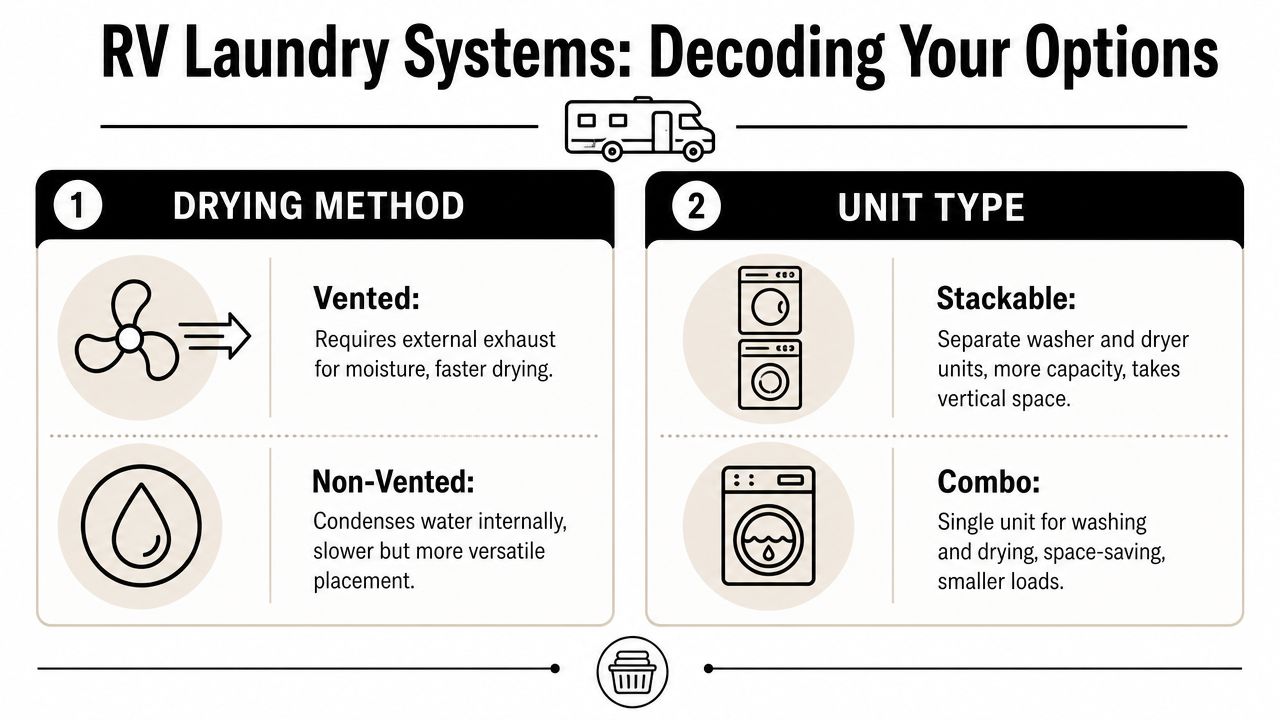 An infographic showing RV laundry system options, explaining drying methods and unit types for motorhomes.