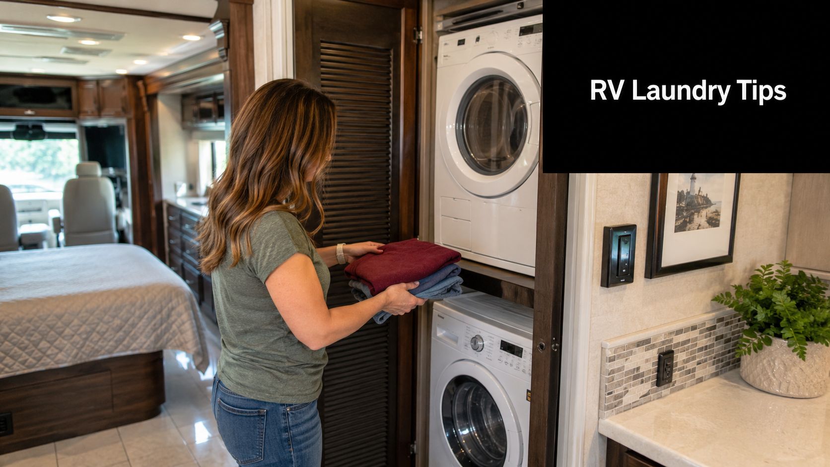 A woman holding folded laundry inside a luxurious RV equipped with a stacked washer and dryer unit.