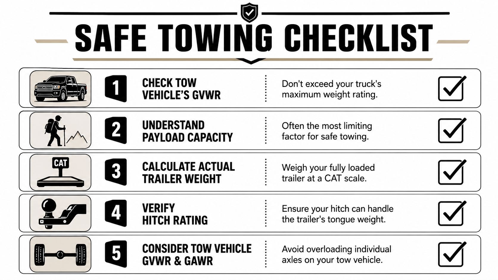 A safe towing checklist infographic highlighting five essential steps for safely towing a trailer or vehicle.