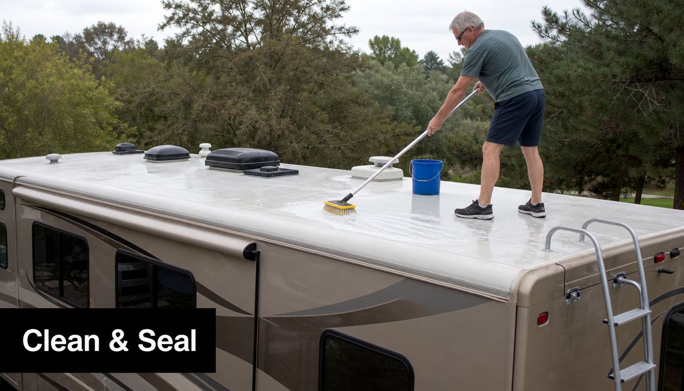 A man cleaning and scrubbing the roof of his recreational vehicle with a long-handled brush.