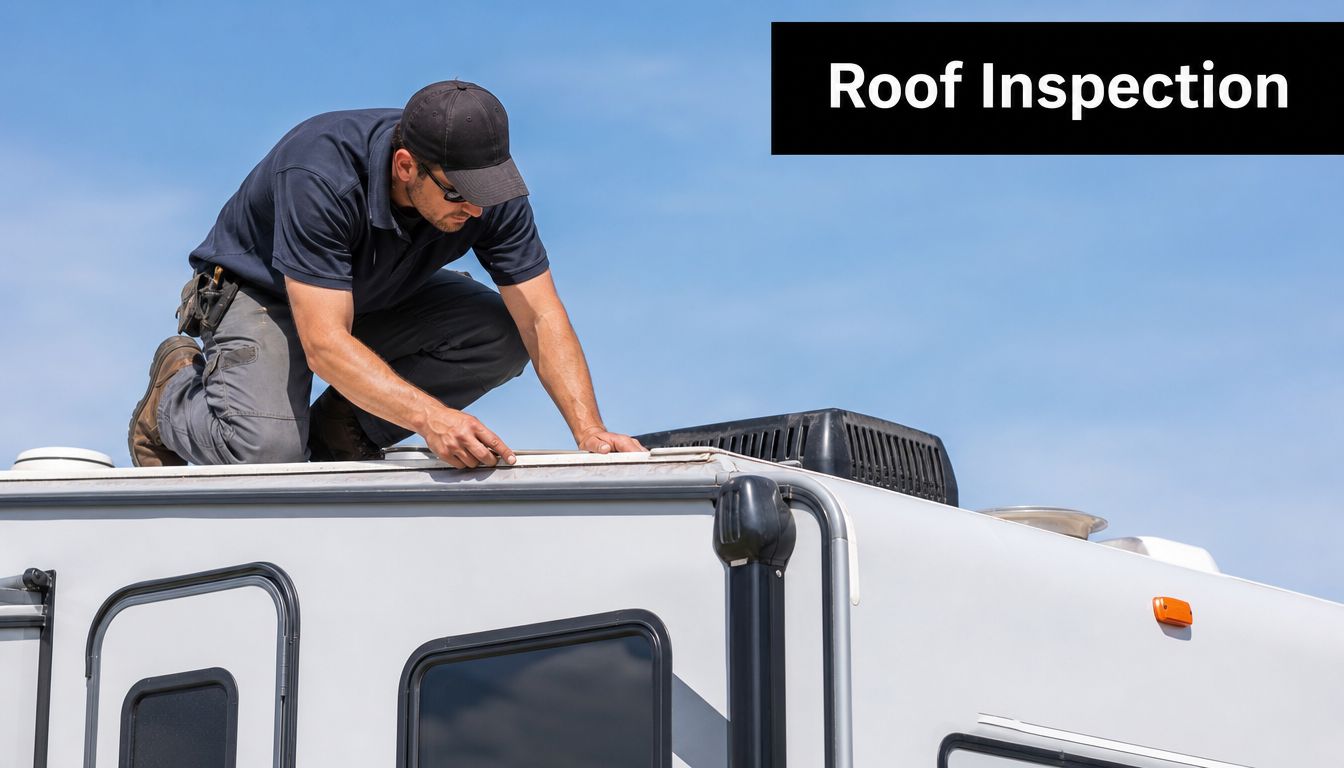 A professional technician carefully performs a detailed inspection on the roof of a recreational vehicle outdoors.