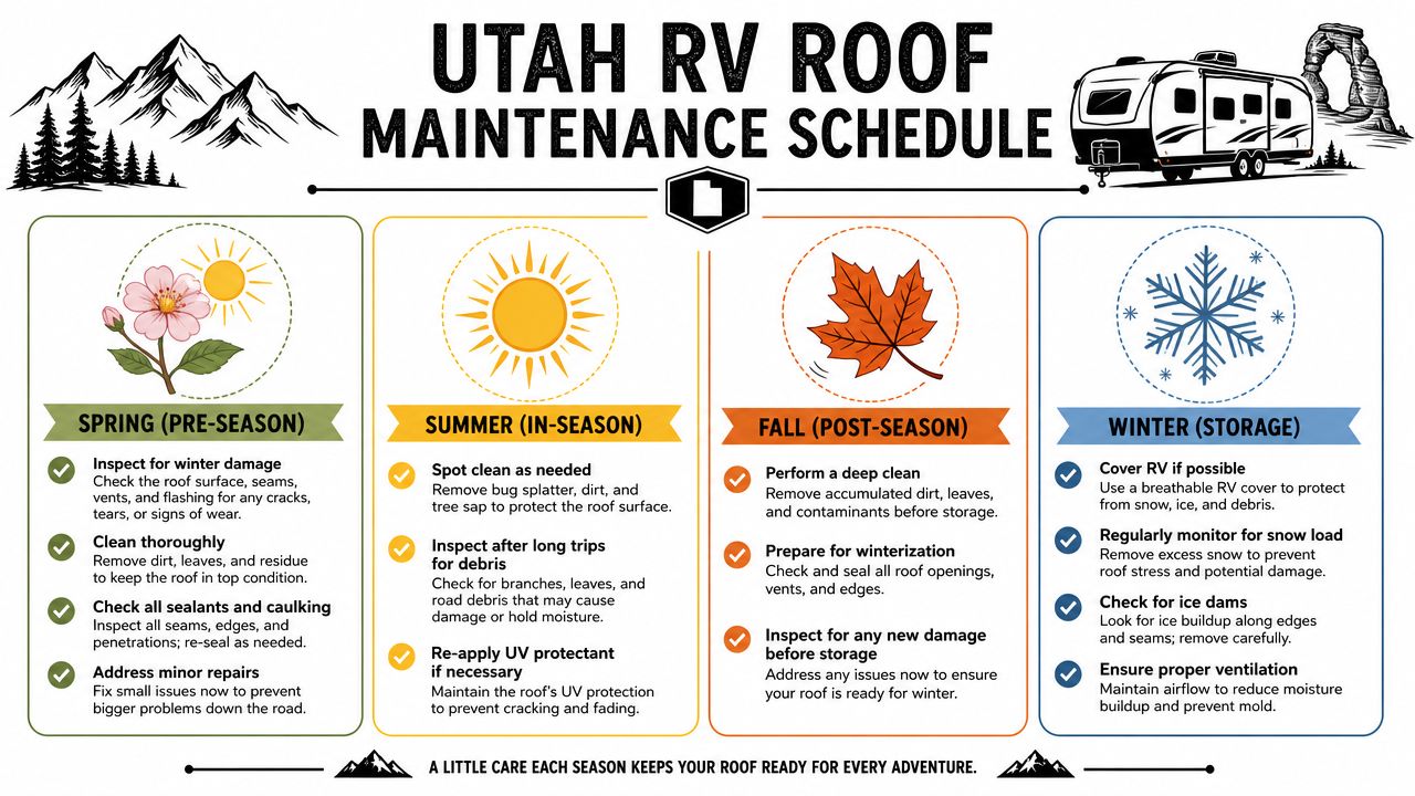 An infographic detailing the seasonal maintenance tasks required for an RV roof throughout the year.