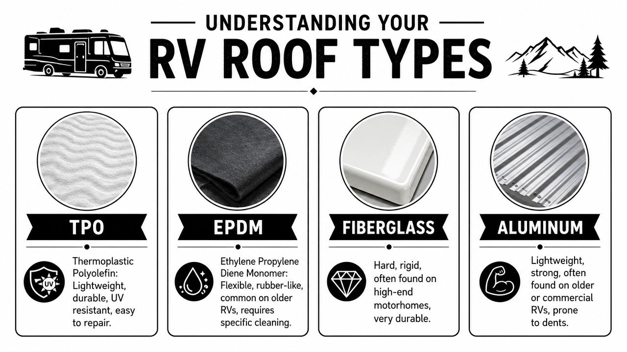 An infographic detailing the four main types of RV roofing materials: TPO, EPDM, Fiberglass, and Aluminum.