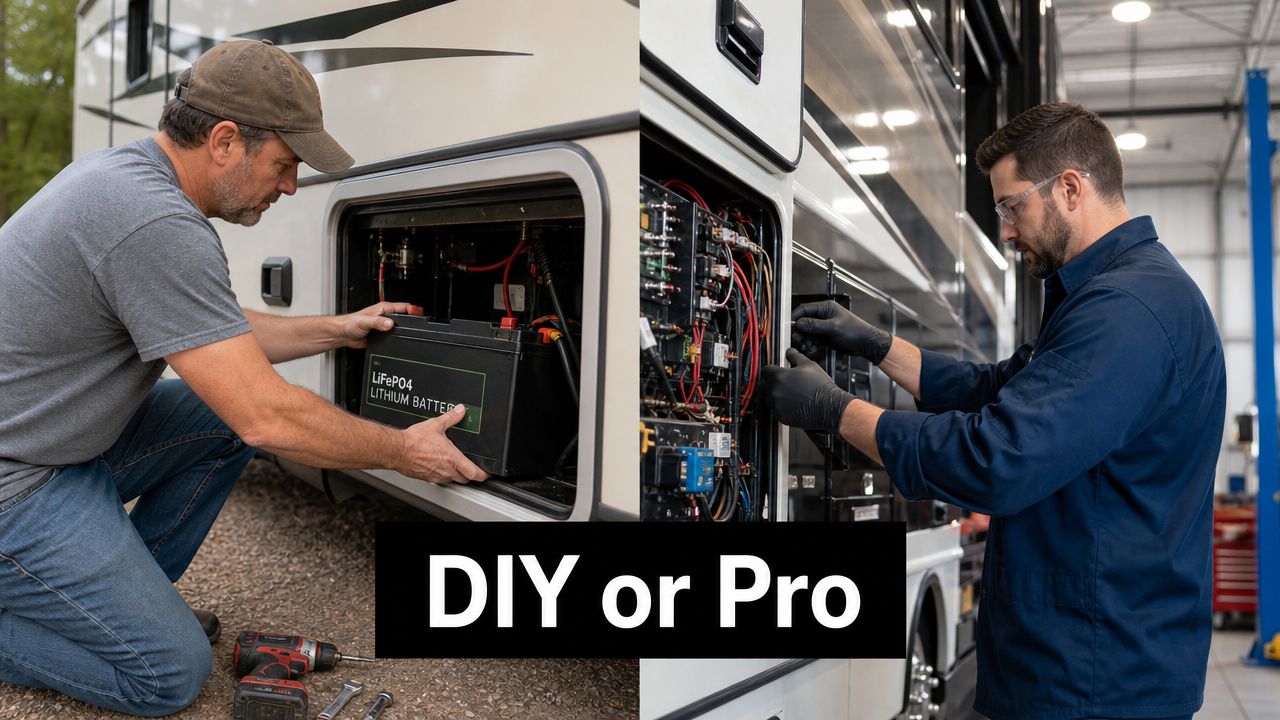 A split image showing a person performing a DIY RV lithium battery installation alongside a professional technician.