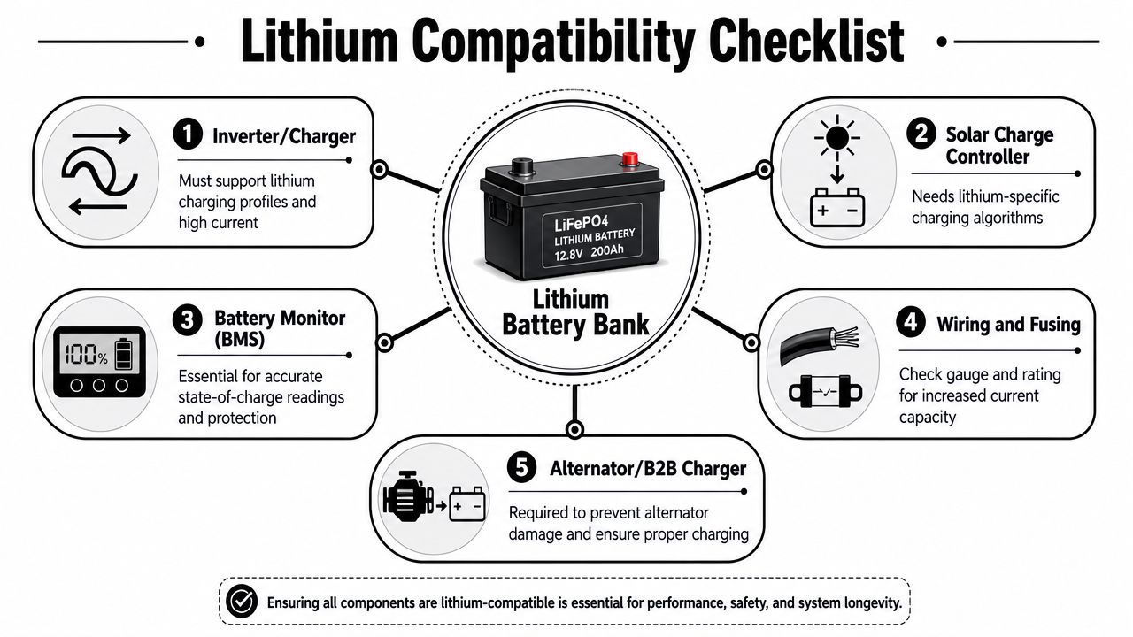 An infographic showing a lithium battery bank surrounded by five essential compatibility components for electrical upgrades.