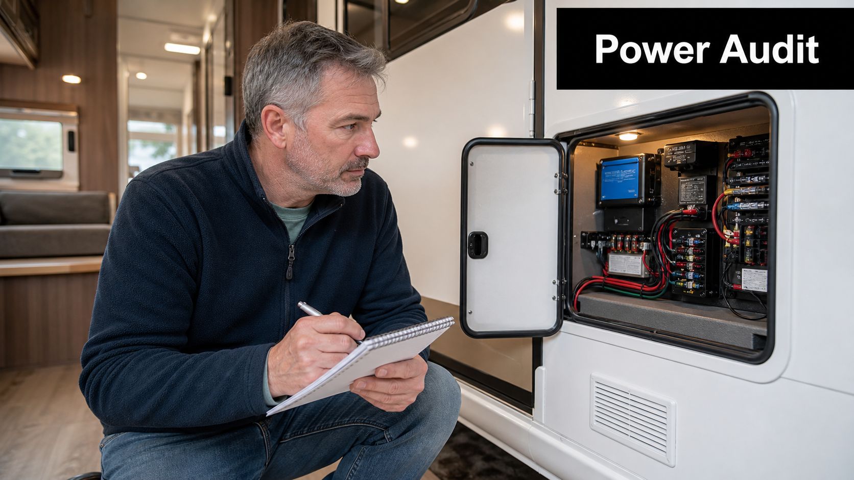 A man in a fleece jacket conducting a power audit on an RV lithium battery setup.