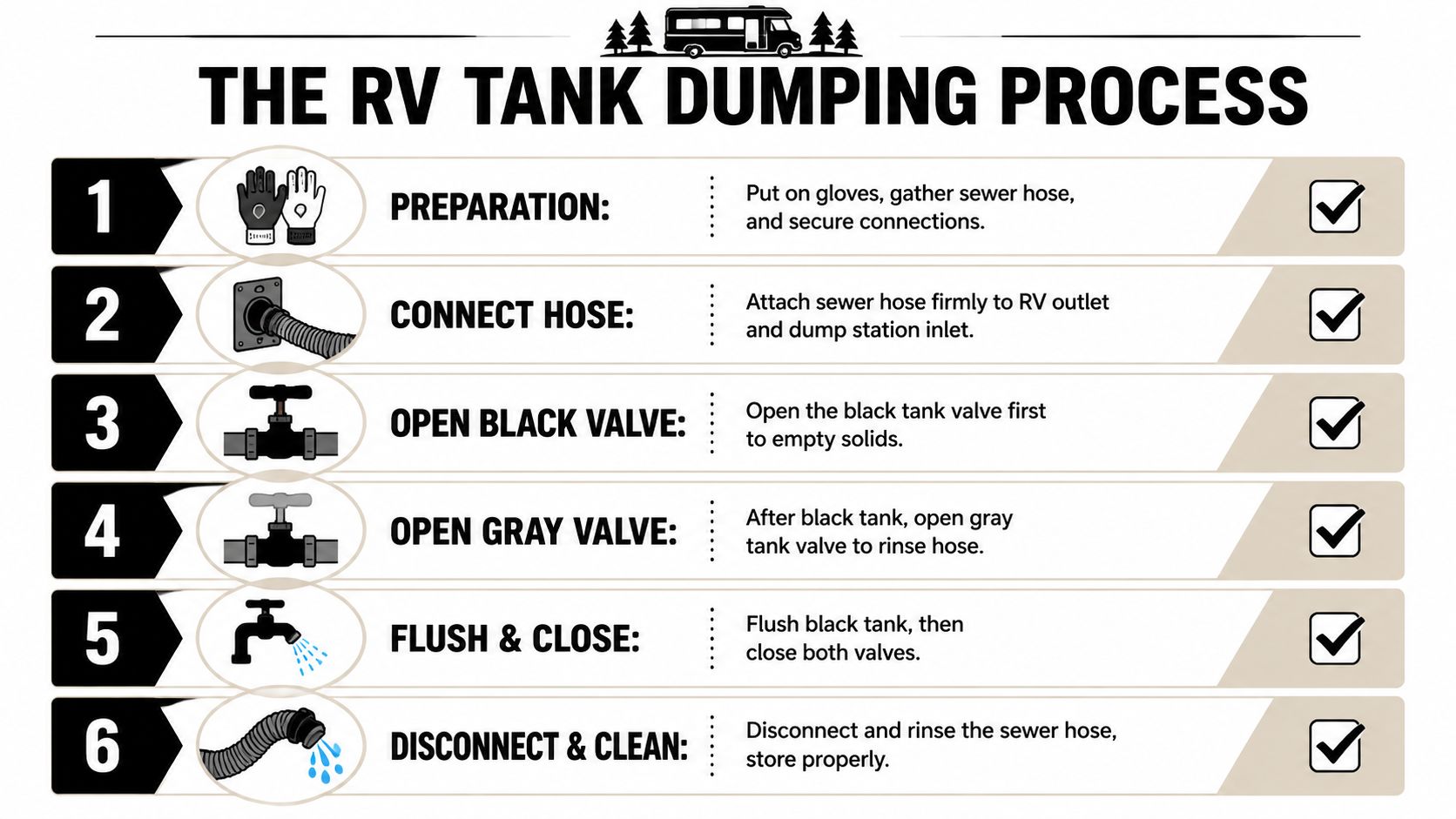 An instructional infographic detailing the six-step process for safely dumping an RV waste holding tank.