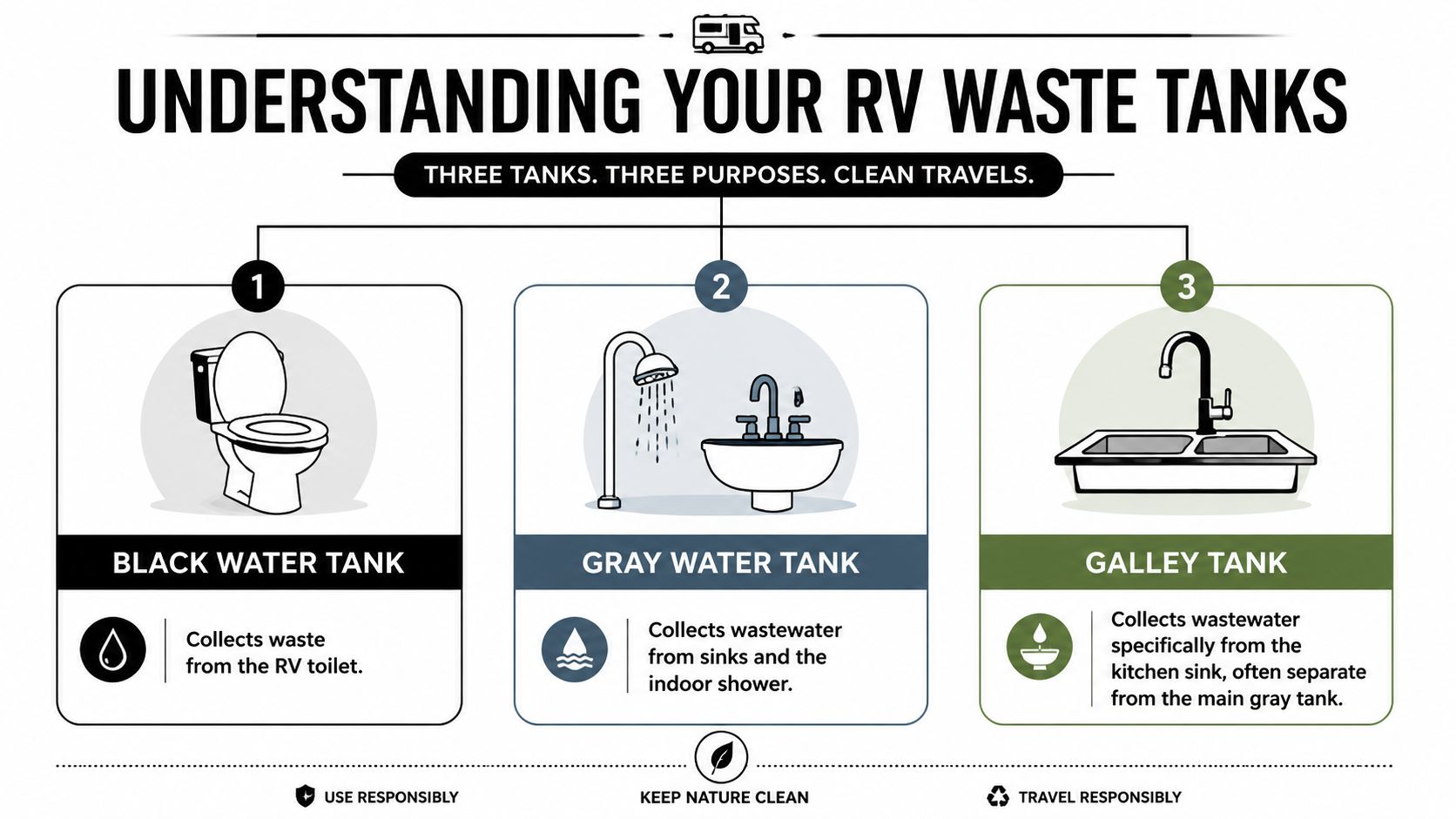 An infographic titled Understanding Your RV Waste Tanks showing the black, gray, and galley water systems.