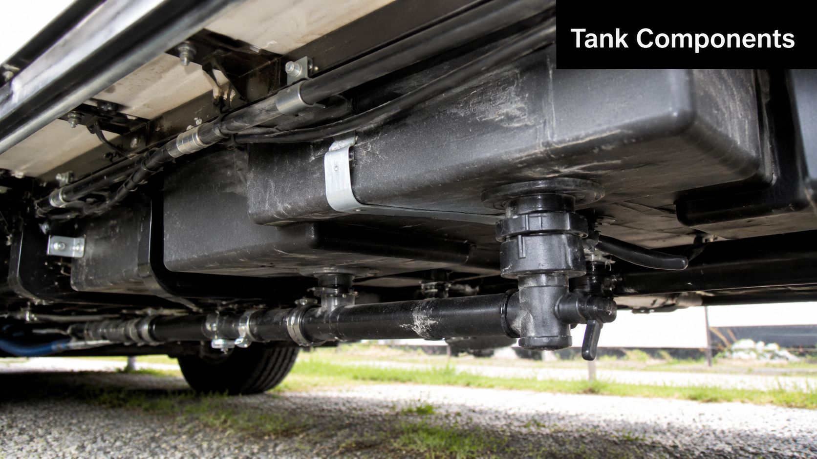 The underside of an RV showing the black plastic waste water holding tank and drainage piping system.
