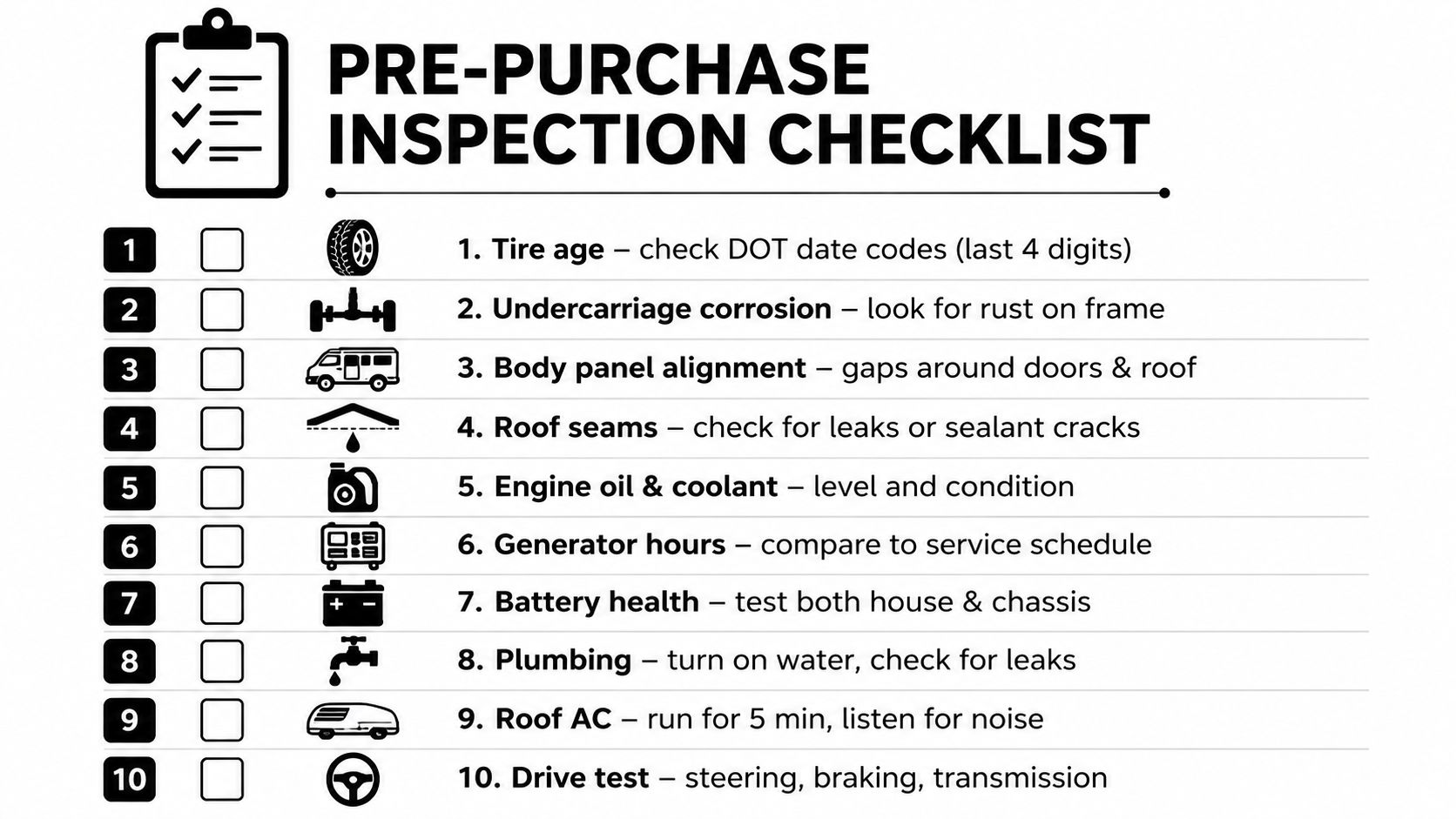 A checklist for a pre-purchase inspection of a class B motorhome highlighting ten key components to evaluate.