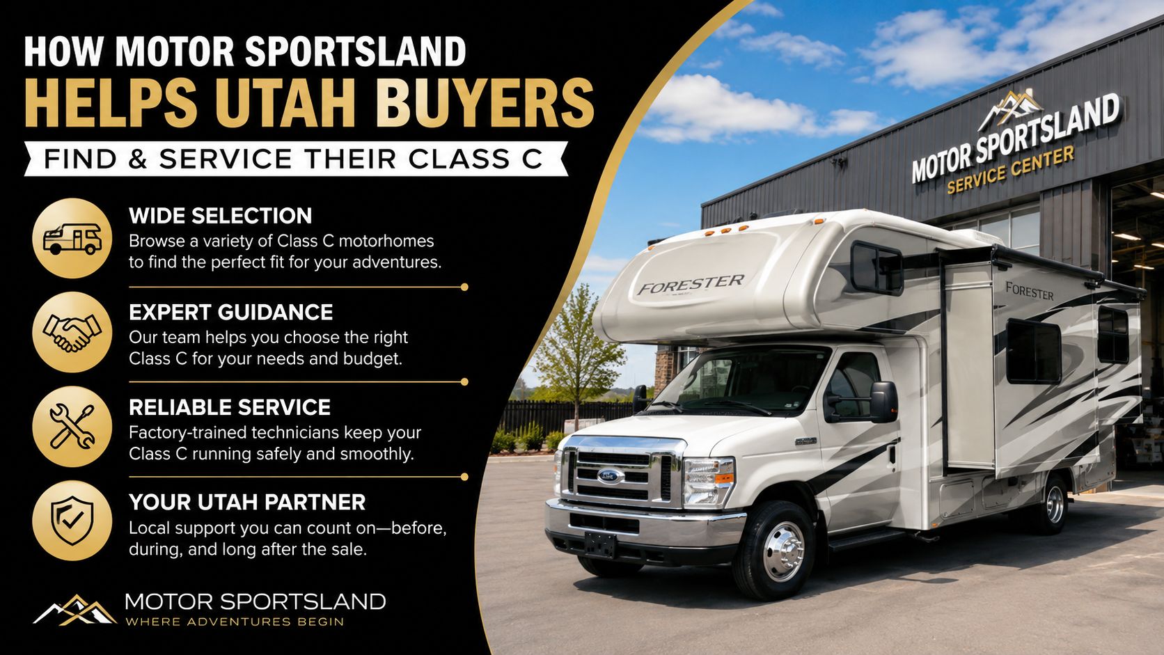 A Motor Sportsland Class C motorhome parked in front of their service center building in Utah.