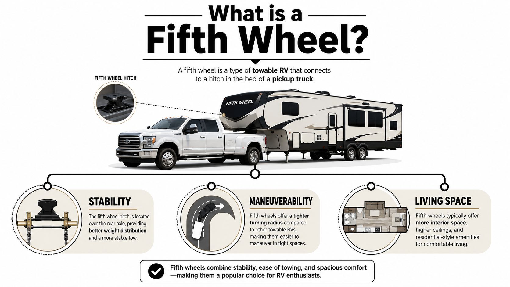 An infographic explaining what a fifth wheel RV is, highlighting its stability, maneuverability, and spacious living design.