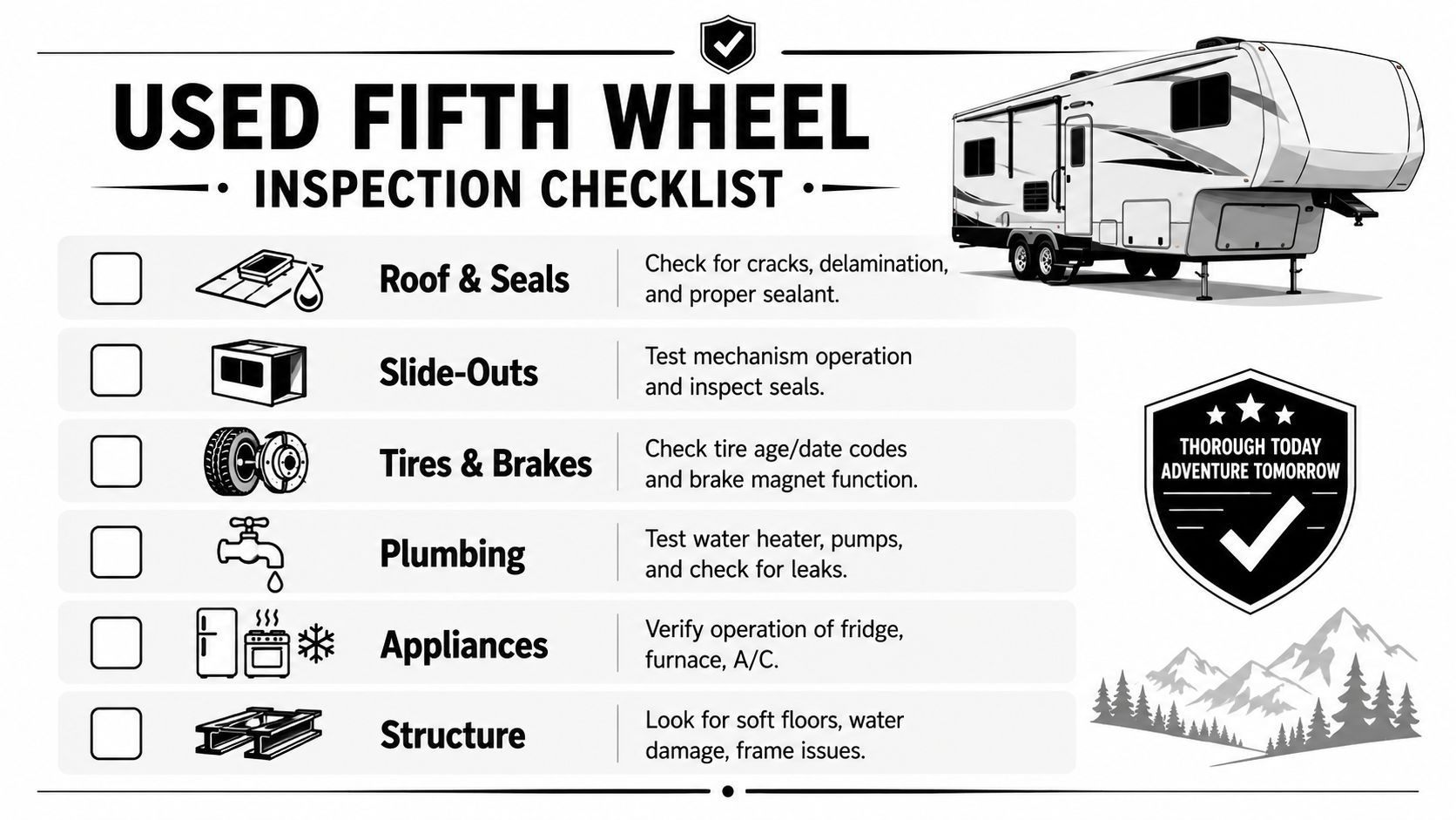 A comprehensive inspection checklist infographic for checking the condition of a used fifth wheel RV trailer.
