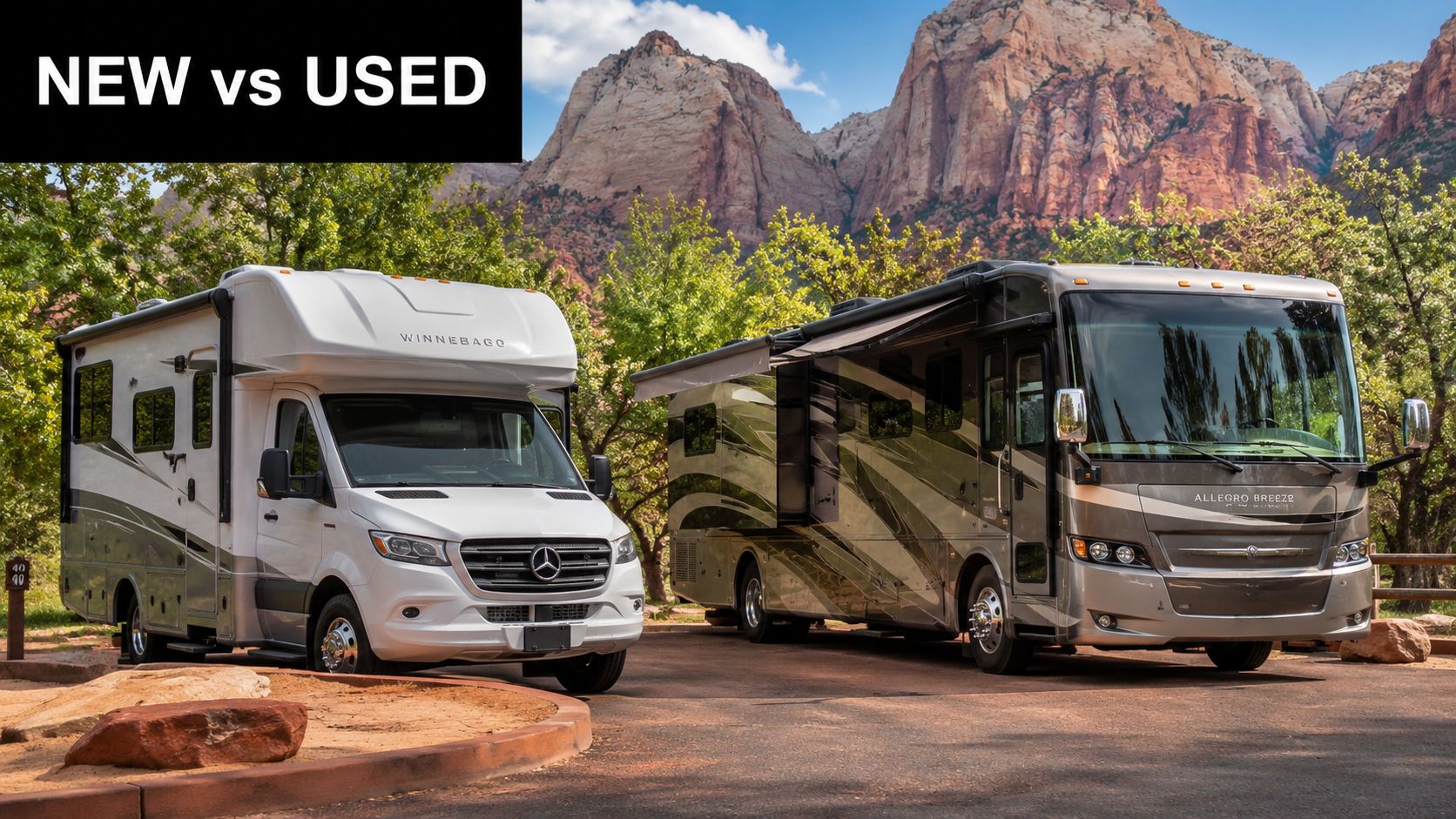 A Winnebago and an Allegro Breeze motorhome parked side by side in a beautiful scenic mountain landscape.