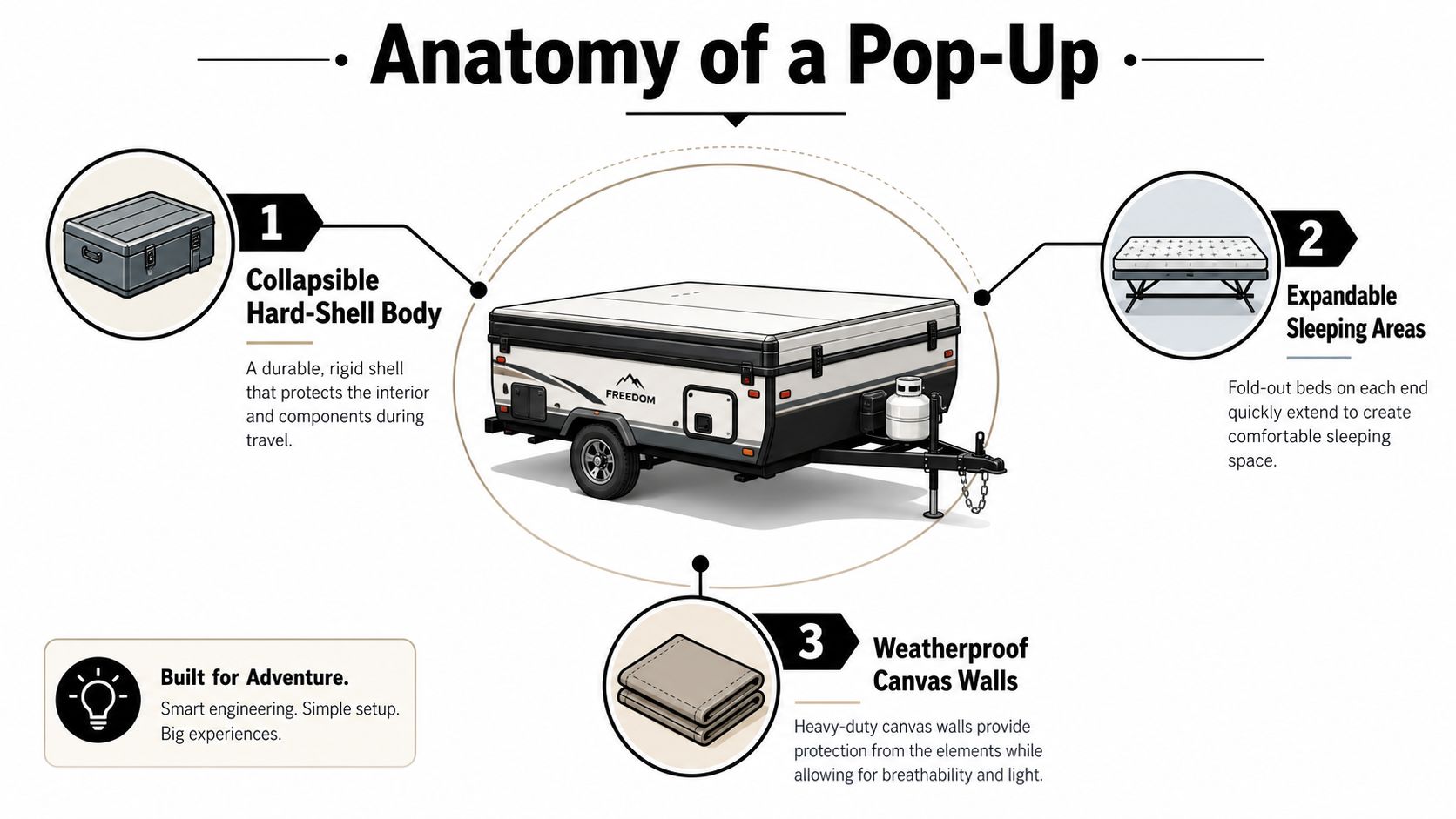 An infographic detailing the three main components of a pop-up camper trailer, including shell, beds, and walls.