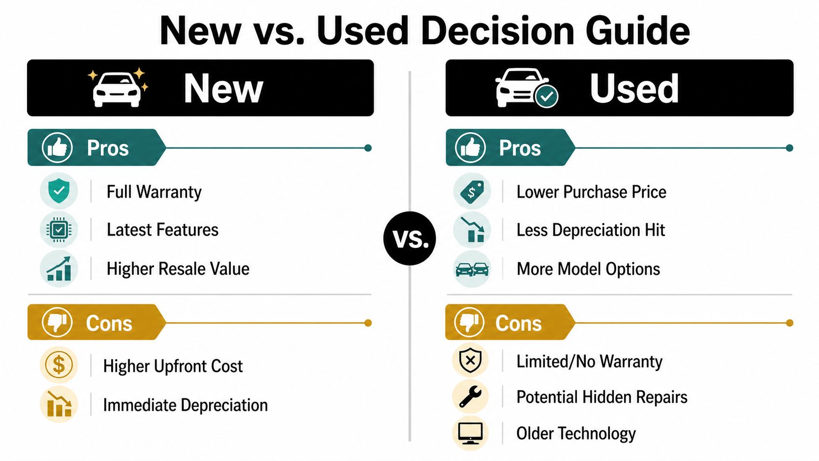 A comparison chart outlining the pros and cons of purchasing new versus used vehicles.