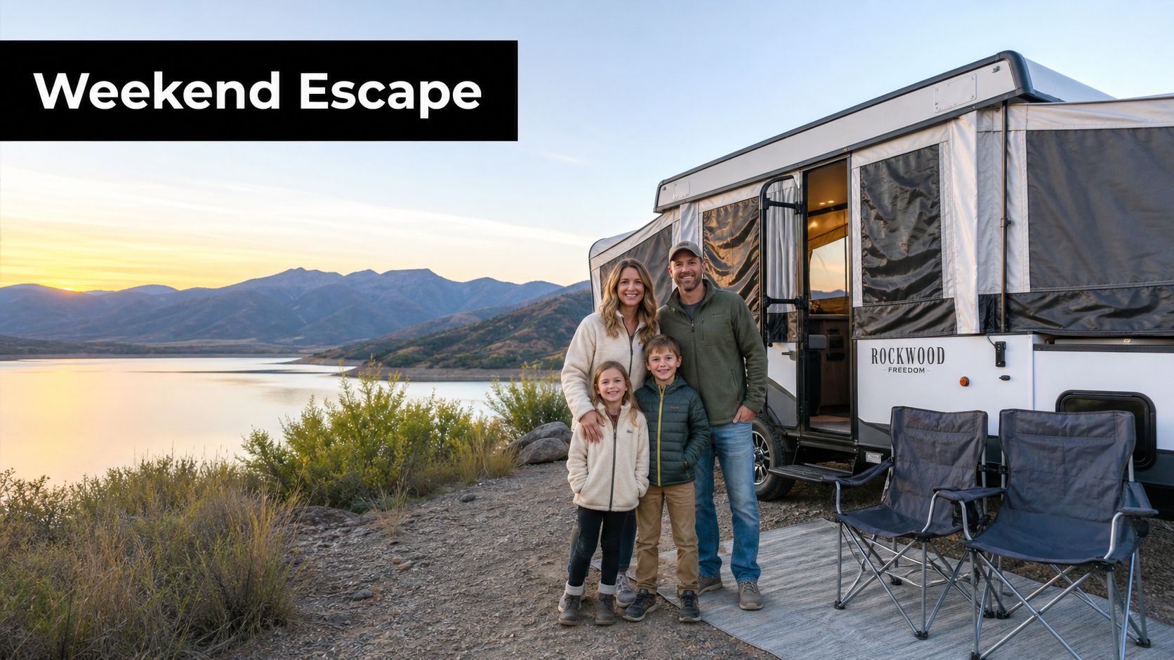 A happy family posing in front of their Rockwood Freedom pop-up camper by a scenic lake.