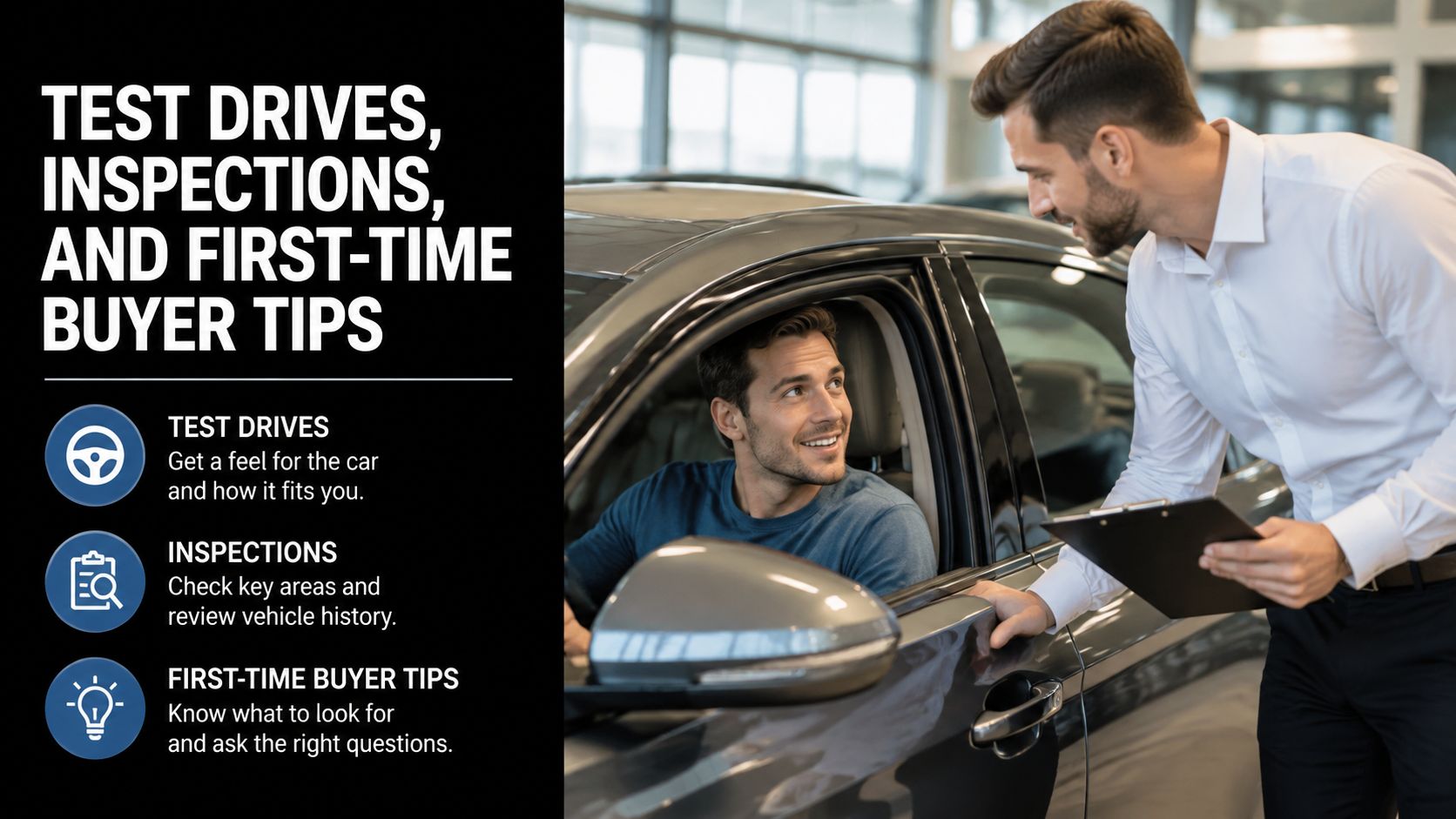 A friendly car salesperson assists a young man during a test drive at a car dealership showroom.