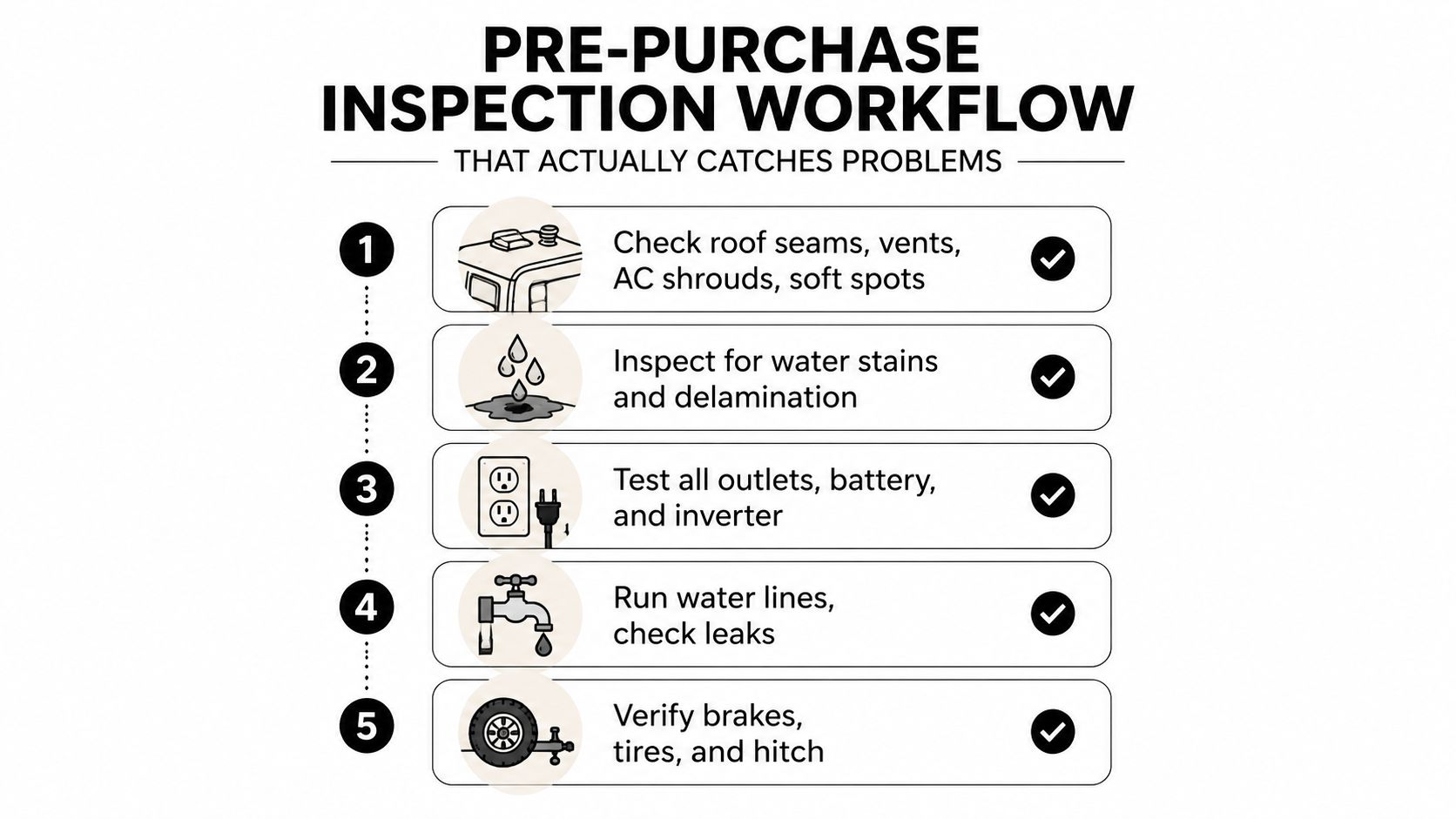 A five-step RV pre-purchase inspection checklist infographic outlining essential areas to check before buying an RV.