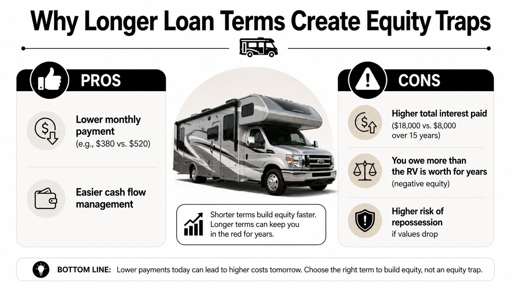 An infographic showing the pros and cons of long-term RV loans for better financial planning.