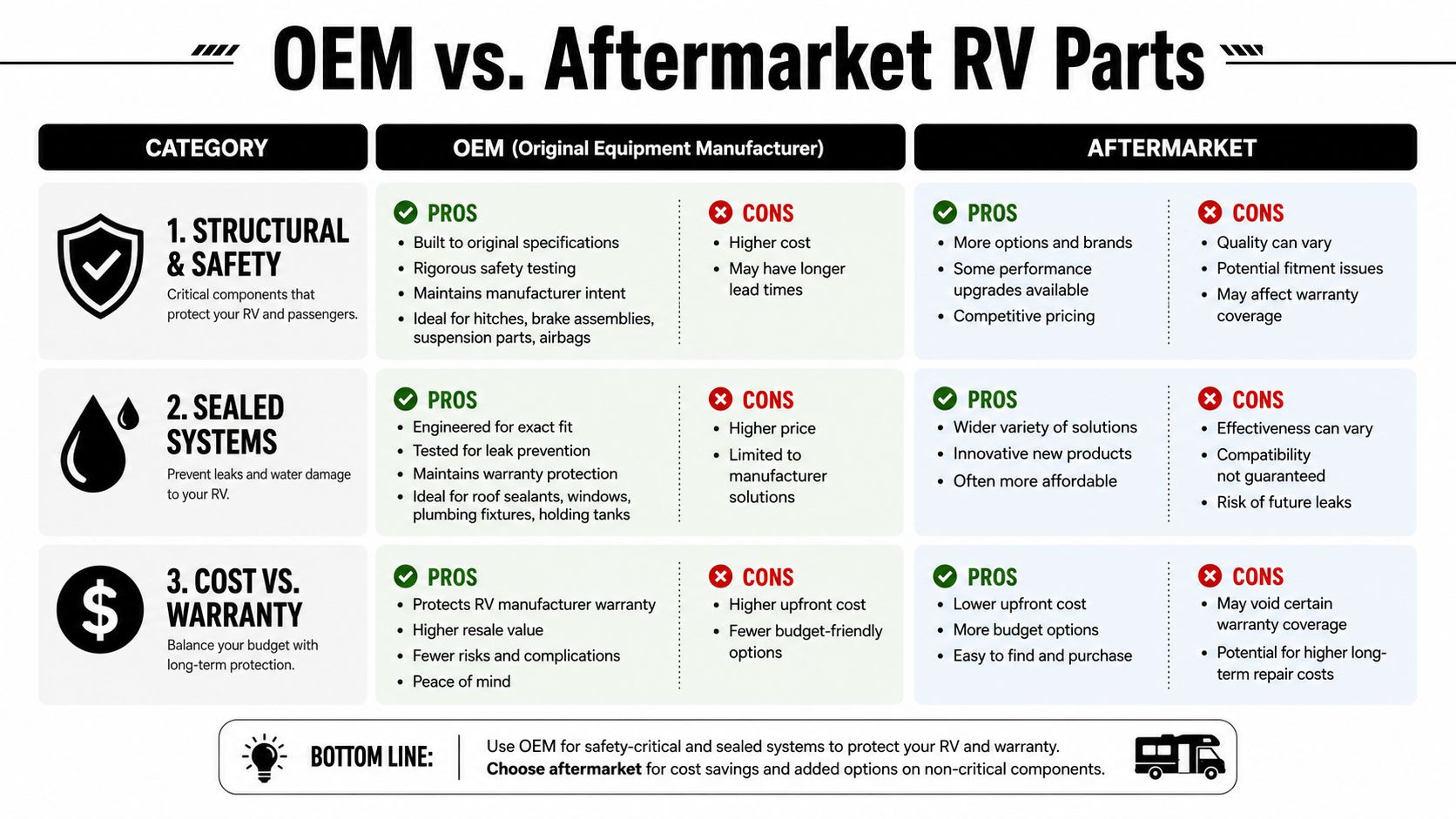 A comparison chart outlining the pros and cons of choosing OEM versus aftermarket parts for RV maintenance.