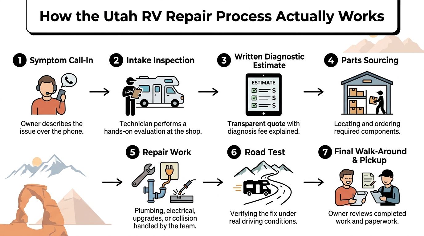 An infographic showing the seven-step RV repair process at a professional Utah repair shop.