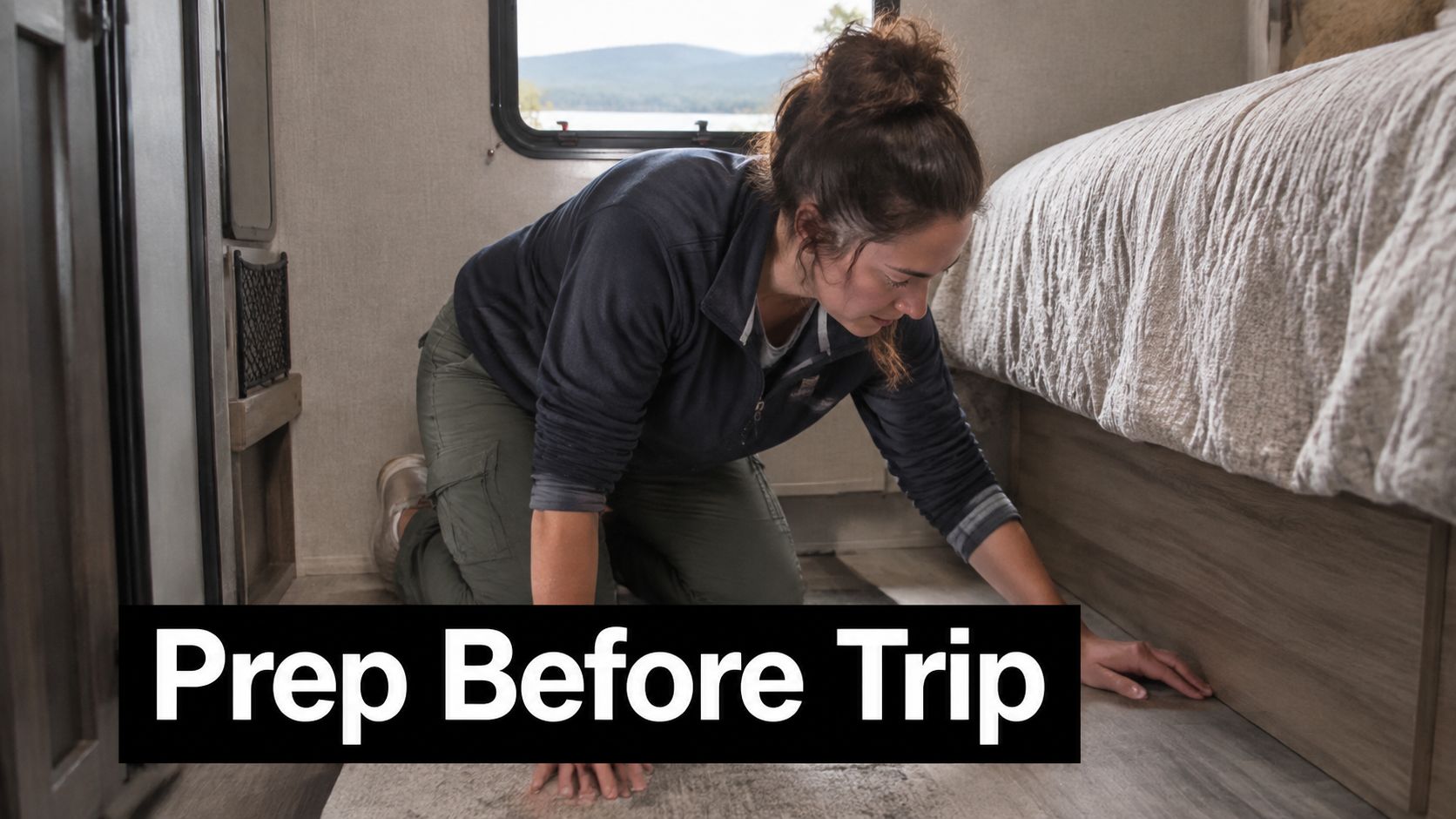 A woman kneeling on the floor of an RV bedroom to inspect or repair the area under a bed.
