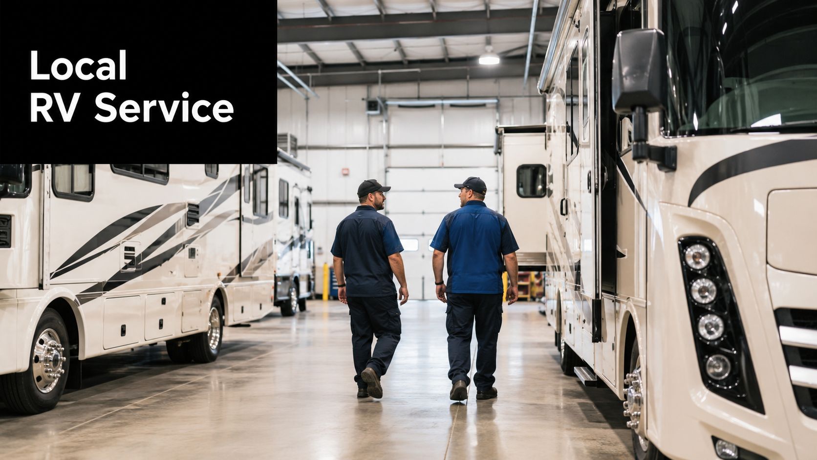 Two professional mechanics in uniforms walking between large RVs inside a spacious vehicle service center workshop.